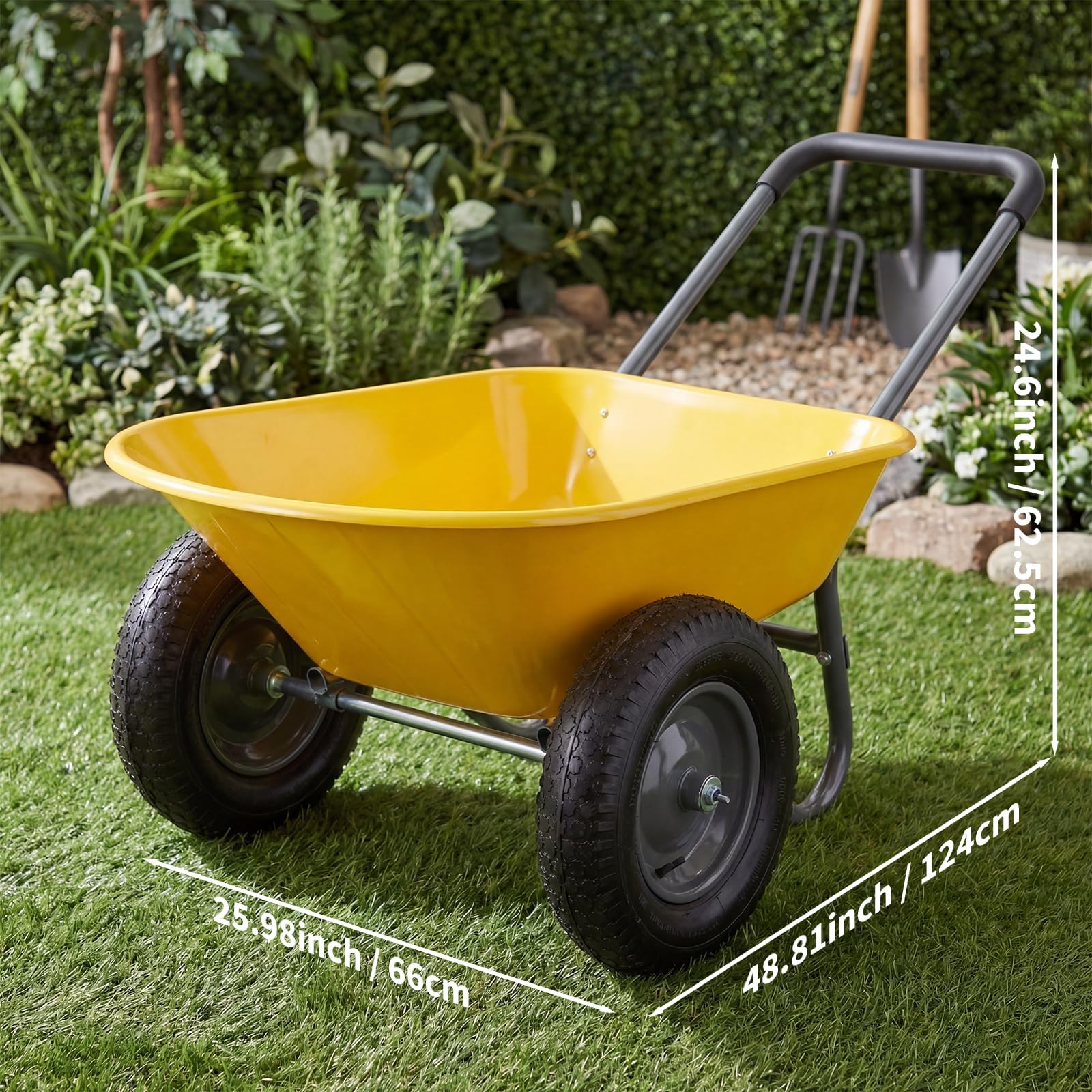 Aptliton Brouette De Jardin à 2 Roues, Chariot Utilitaire Fer Et Plastique 124x66x62,5 cm, Bac Plastique Renforcé Antirouille, Pneus Pneumatiques Jantes Métal, Multicolore Vert Armée Gris Rouge Jaune