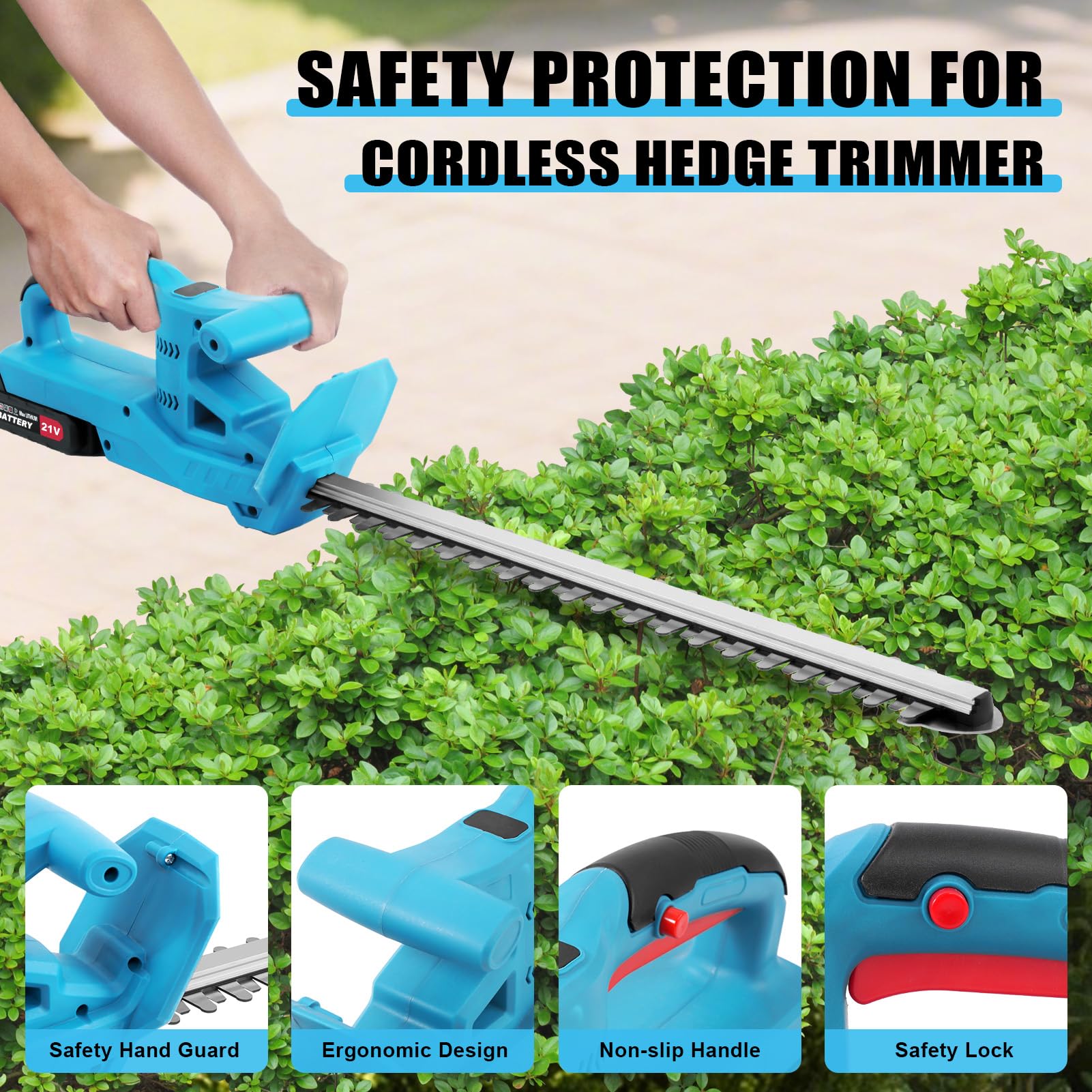 Hedge Trimmer Cordless,52cm Laser-Cut Diamond Hedge Cutter with 21v Battery & 2 Batteries,Lightweight Hedge Trimmer Cordless 2kg,2400 Cuts/Min,45° Adjustable,Safety Lock,Anti-Vibration for Gardeners - 4