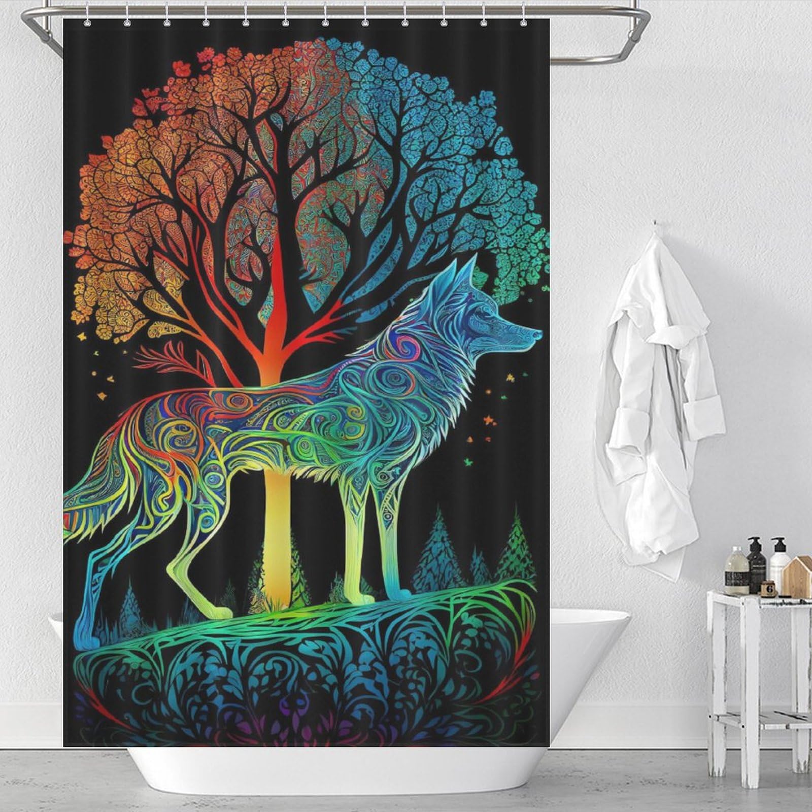Rideau de douche loup imperméable 122x183 cm avec crochets pour salle de bain