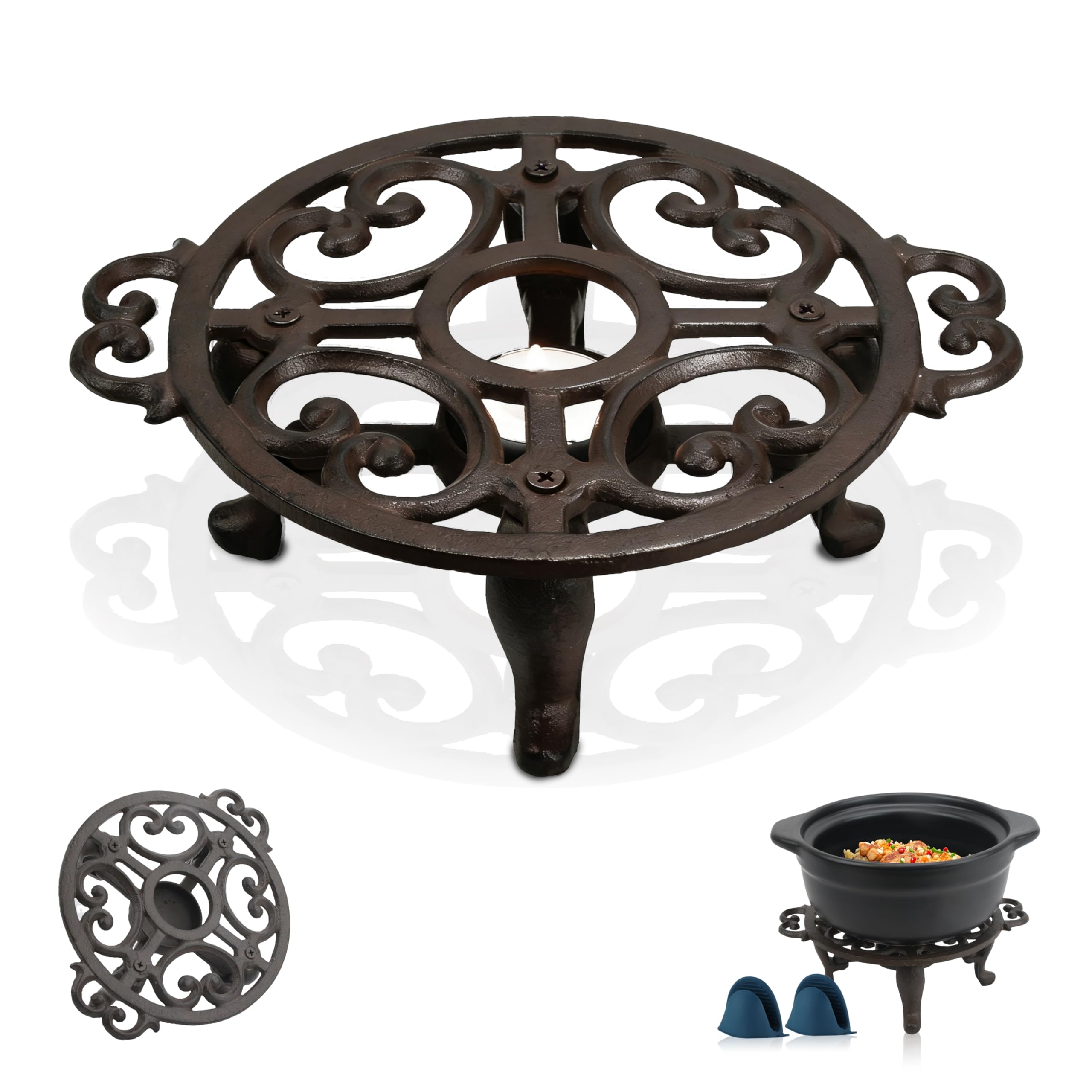Calentador de tetera de hierro fundido, calentador de tetera duradero con soporte para velas para alimentos, café, té y más, elegante olla de hierro fundido para el hogar o el escritorio