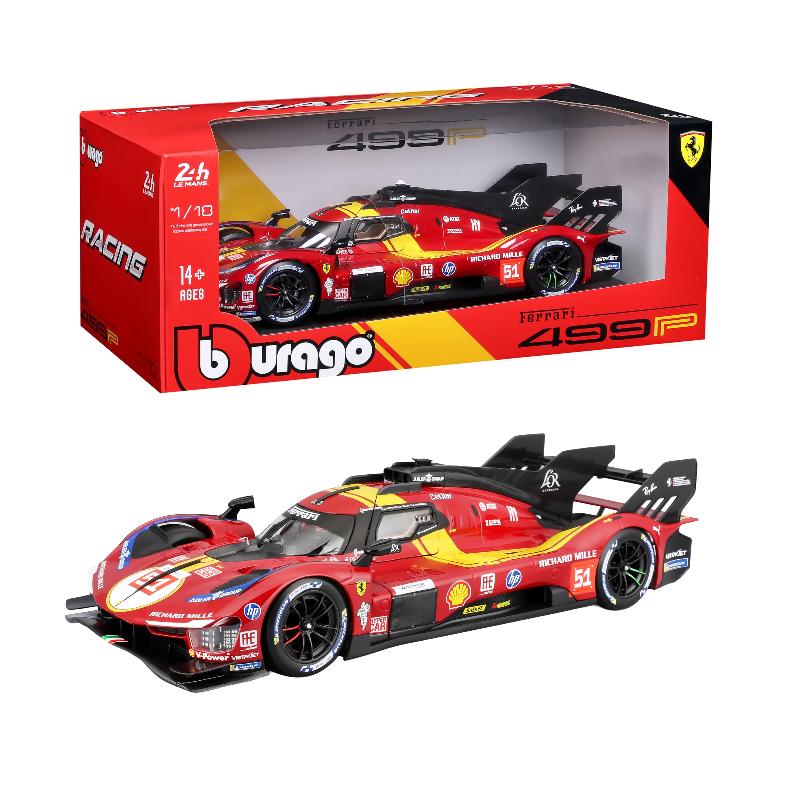 Bburago - Ferrari 499P 24H LMH Hypercar 2025#51, Auto Diecast in Scala 1:18, Replica Dettagliata con Porte Apribili, Livrea Ufficiale Ferrari, Età Consigliata 14+ Anni