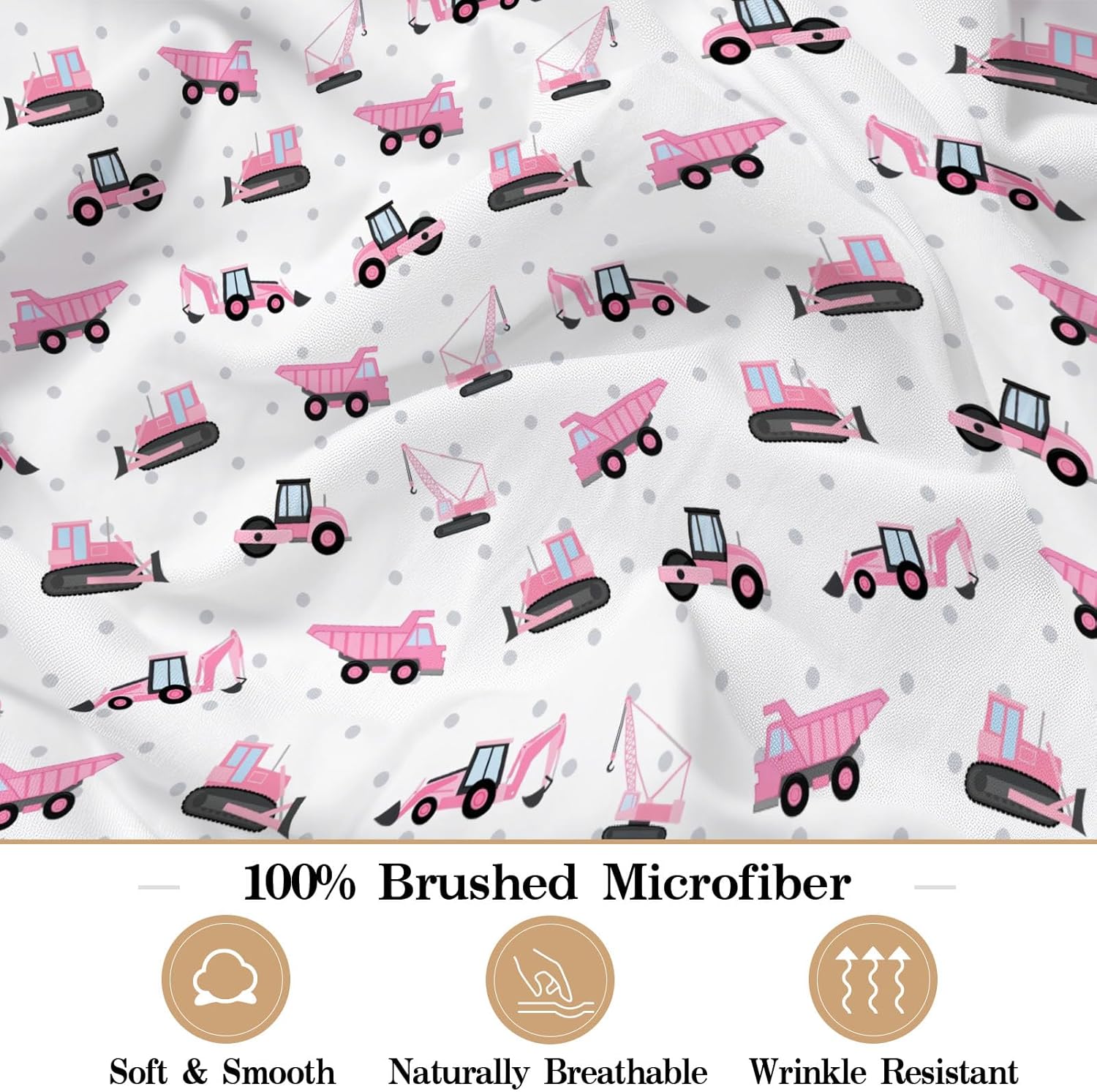 Allenjoy Pink Construction Trucks Toddler Sheets Set with Fitted Sheet, Flat Sheet and 1 Pillowcase for Bedding Bedroom Decor, Decorations for Boys Girls Men Women Twin Size