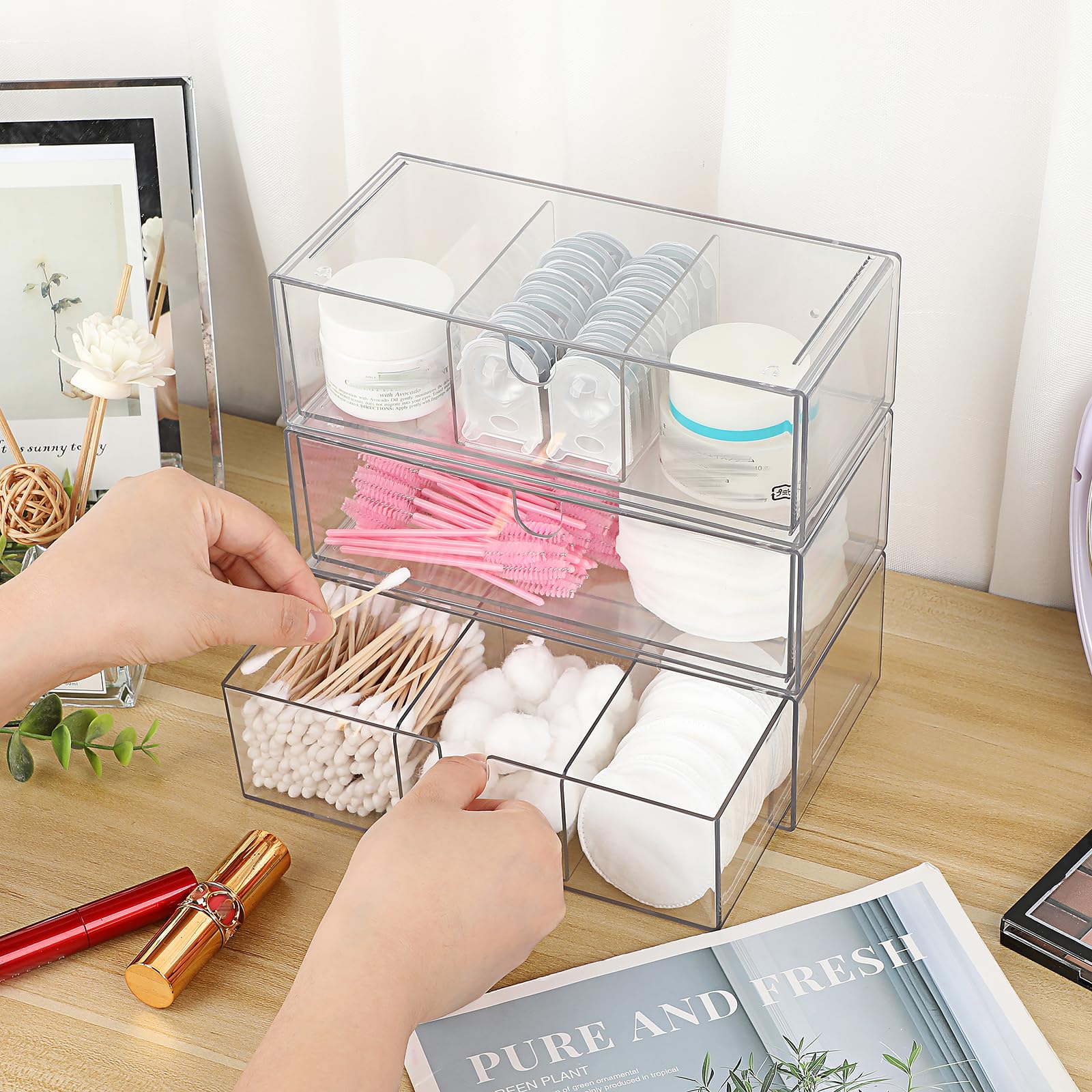 SUMTree Organisateur de tiroirs transparent plastique 3 tiroirs Boîte de rangement empilable 21x10x6cm
