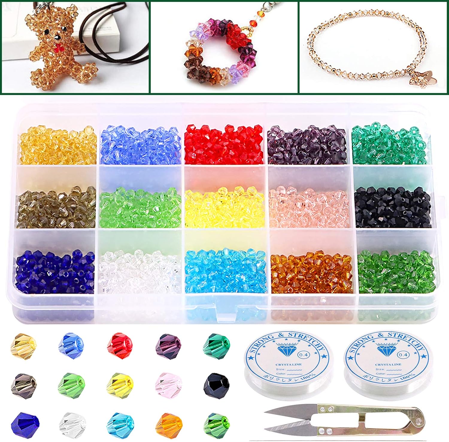 Keadic 1800Pcs 15 Colors 4mm Bicone Crystal Beads Assortment Kit with 2 Pack of Elastic Cord, for DIY Beading Projects, Bracelets, Necklaces, Earrings & Other Jewelries