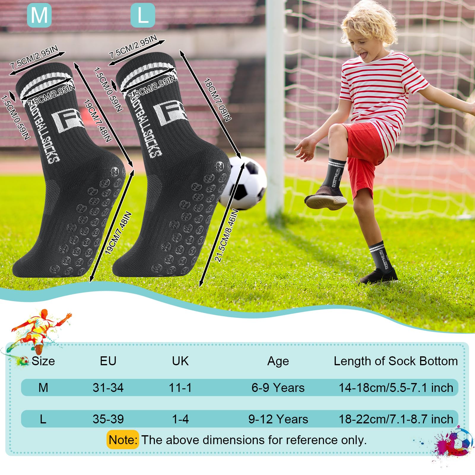 Apricitie 6 paia di calzini da calcio per bambini, antiscivolo, per calcio, basket, corsa
