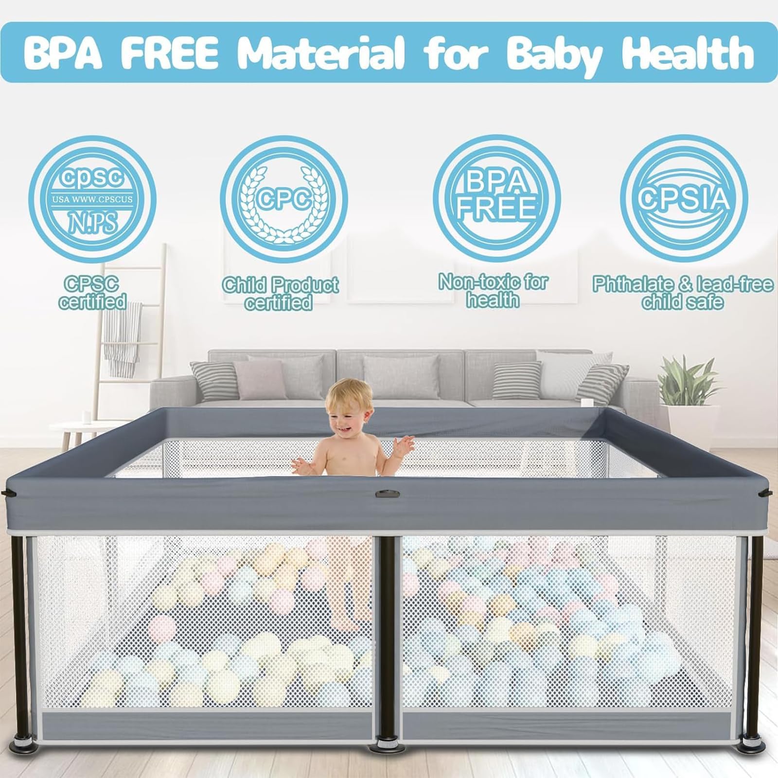 Laufstall Baby mit Matratze, Indoor & Outdoor Laufgitter Baby, Laufstall Baby Faltbar, Laufstall mit 50 Ozeanbällen (Grau, 127 * 127)