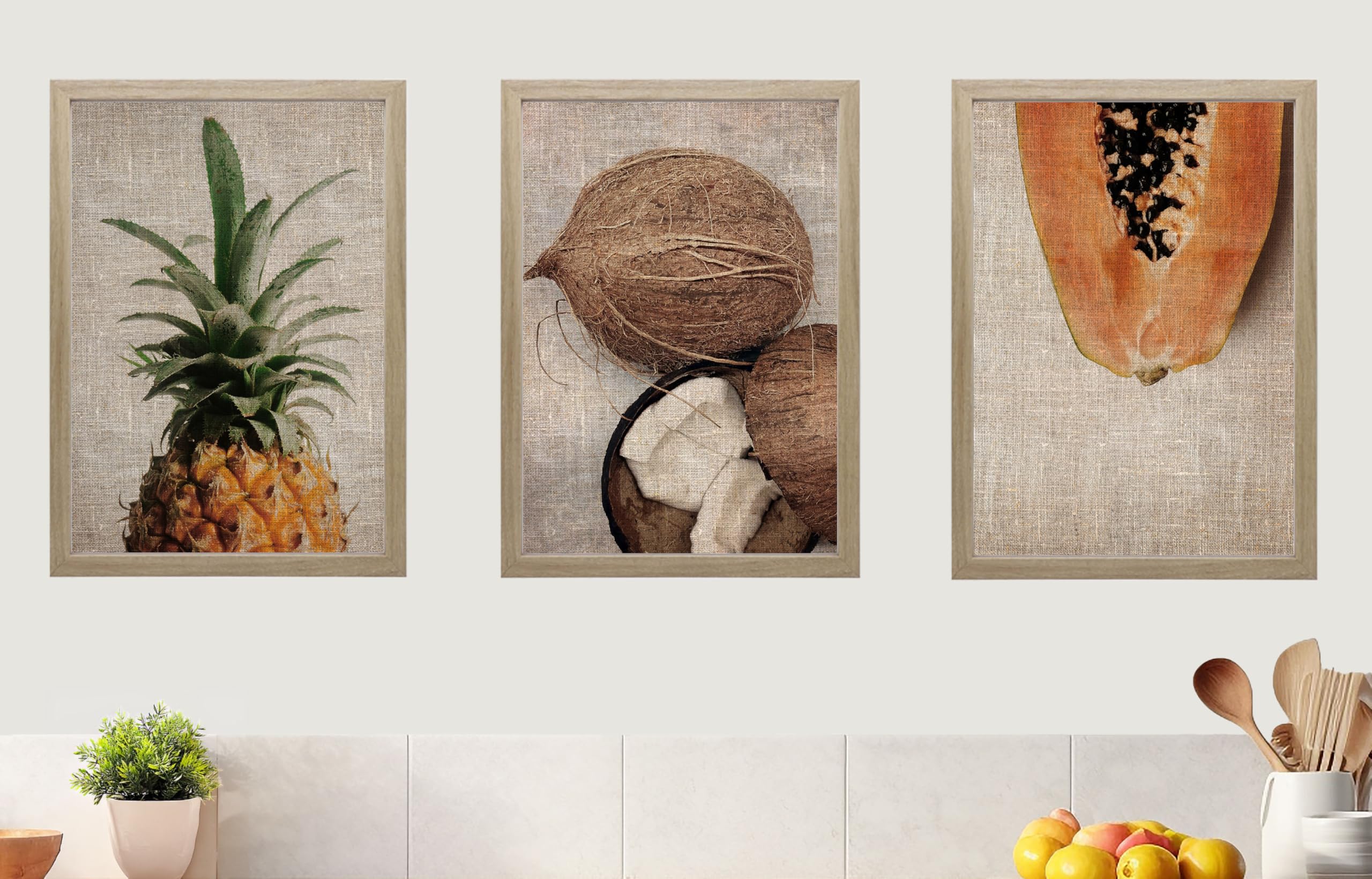 Tropical Fruits Set of 3 Unframed Wall Poster Prints, Pineapple Coconut Papaya, Digitally Printed Linen Background, Kitchen Lounge Bedroom Bathroom Home Decor, Brown Orange (A3) — image 1