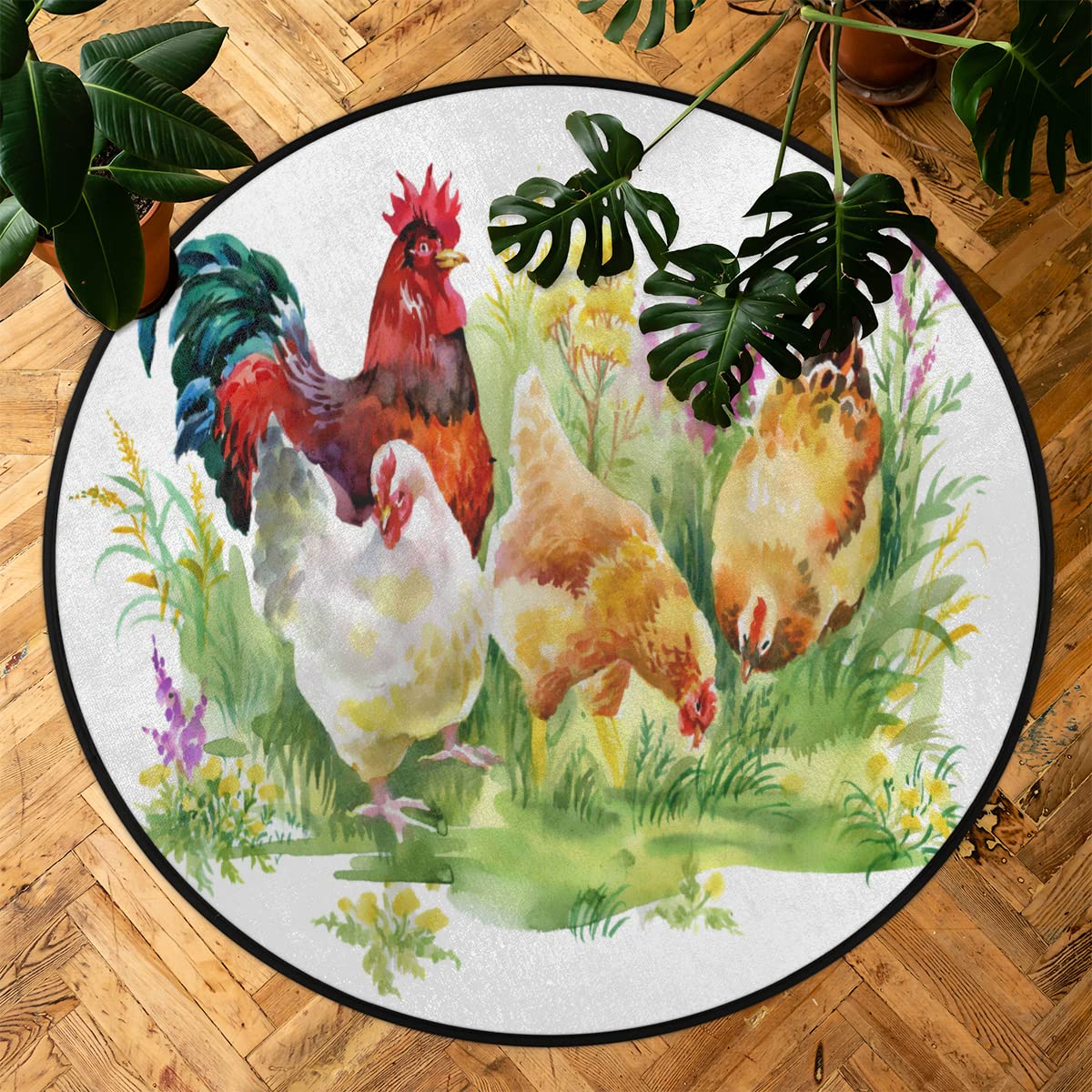 TropicalLife Okrągły dywanik z kurczakami, 160 cm, kurczaki, kogut, kogut, dywaniki, do pokoju, domu, wewnątrz, antypoślizgowa, do wewnątrz, duża mata