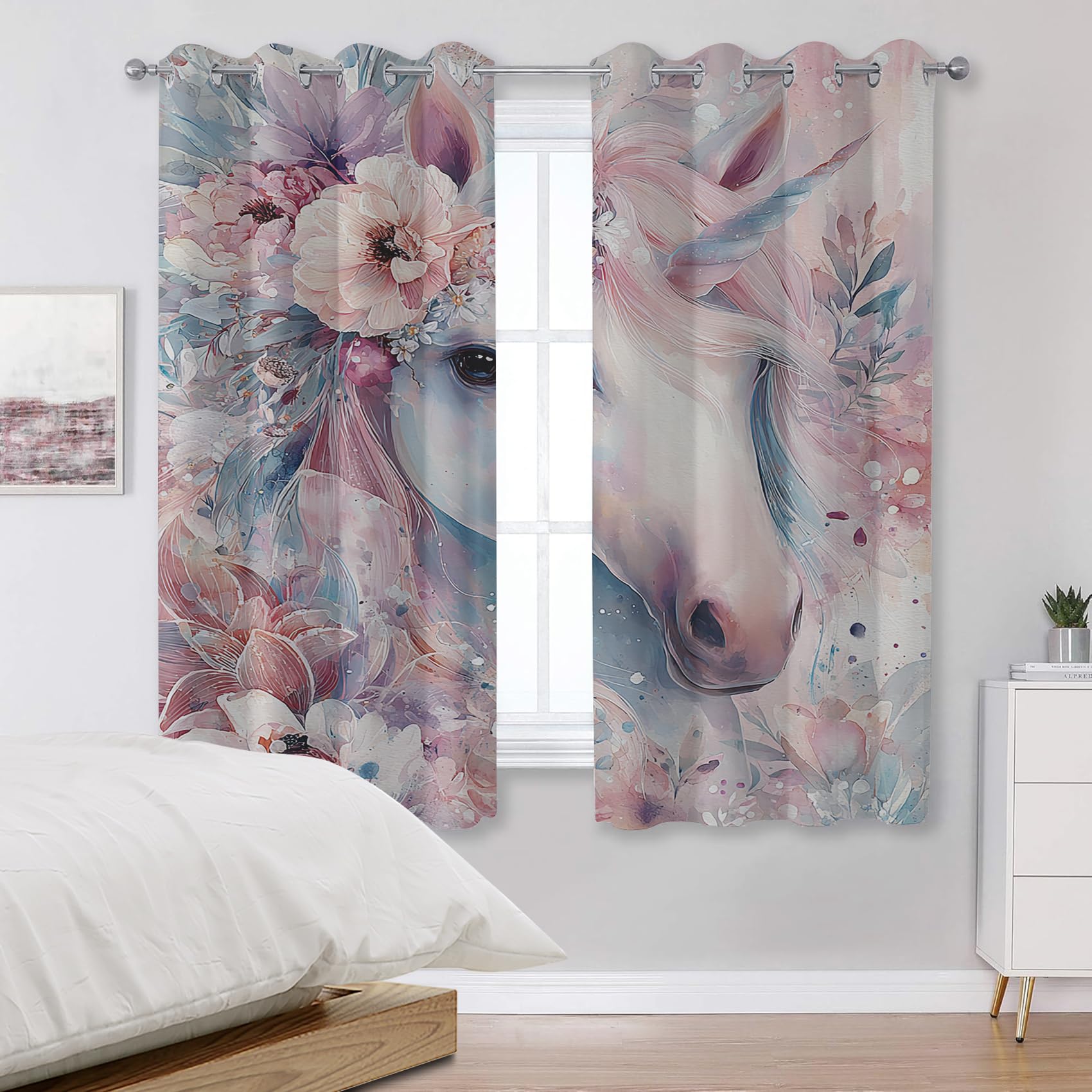 Rideau Occultant Licorne, Fleurs Aquarelle Rose Rideau Thermique Tenture Opaque à Oeillets, Enfants Filles Rideaux Decoration Chambre Maison Salon Intérieurs, 117x183cm, 2 Pièces, M141z