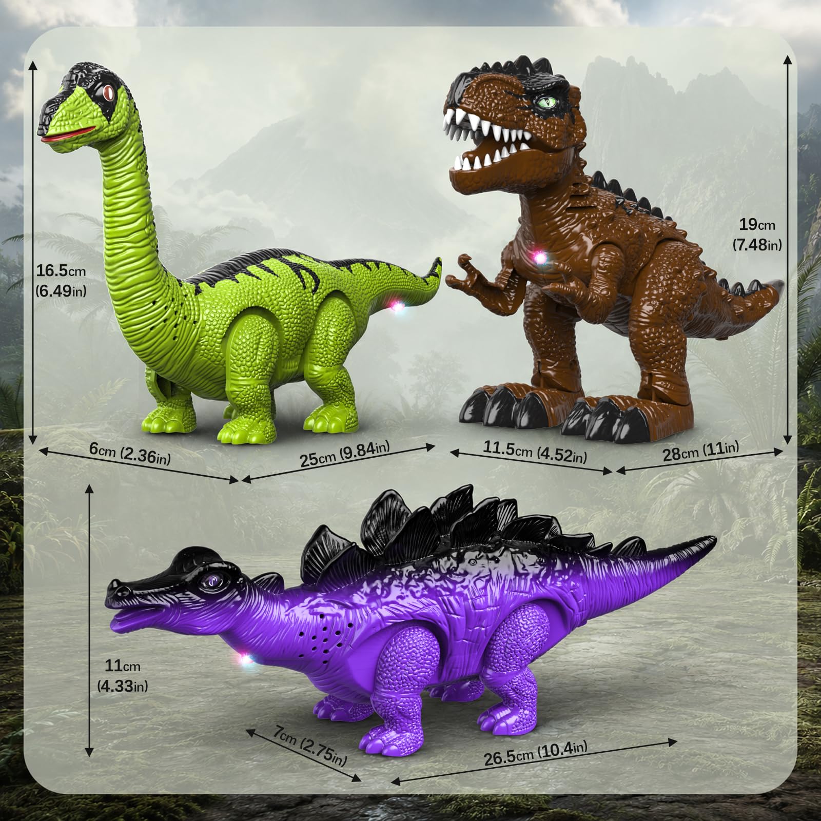 Pack de 3 dinosaurios andantes para niños de 3 a 7 años. Robots eléctricos de T-Rex, braquiosaurio y estegosaurio con luces y rugidos, regalo de Navidad y cumpleaños