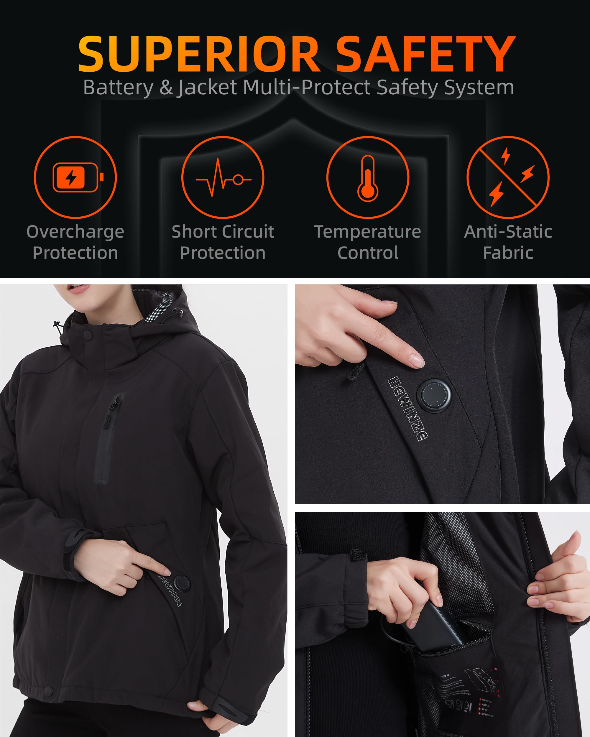 HEWINZE Chaqueta calefactable para hombre/mujer con capucha, softshell cálida chaqueta de invierno para hombre/mujer con batería de 7.4V, chaqueta de moto para exteriores