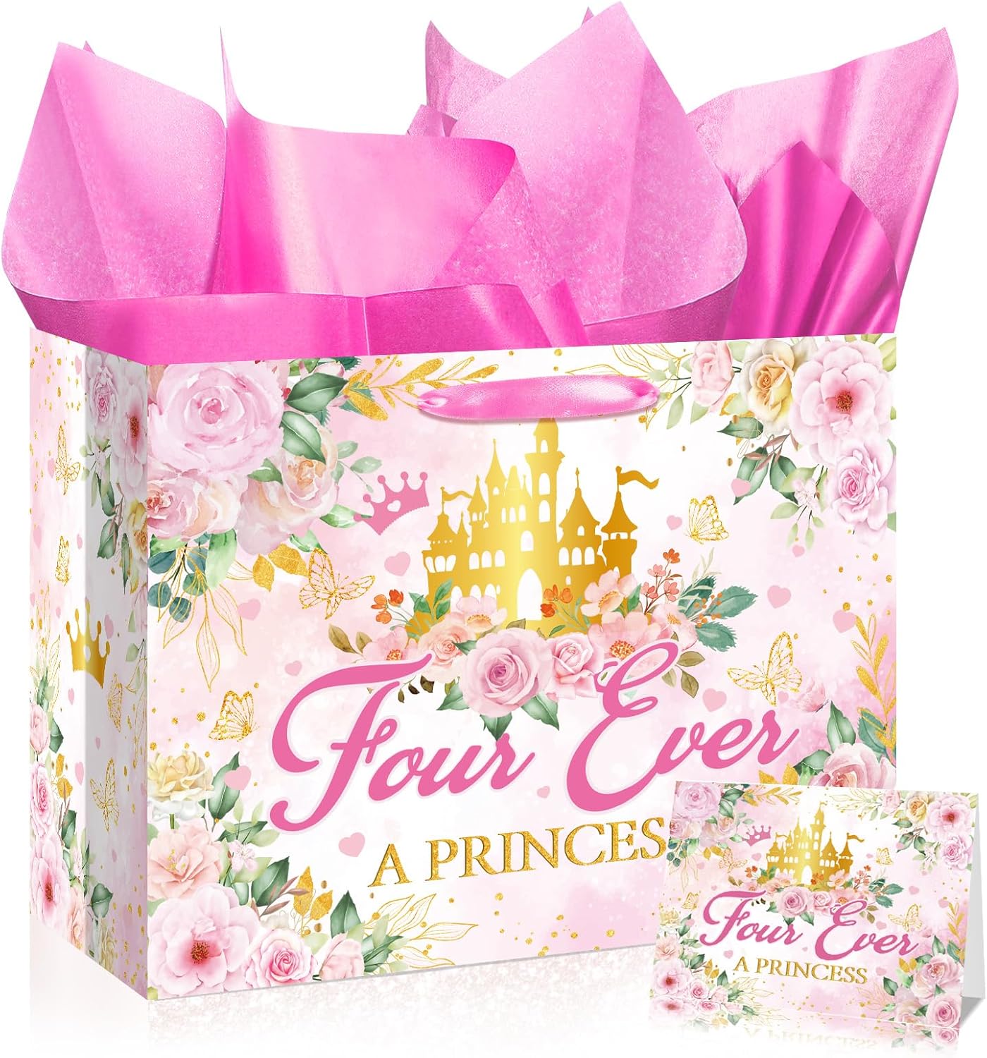 Peconal 4th Birthday Gift Bag Four Ever a Princess Birthday Decorations Four Ever a Princess Gift Wrapping Paper Bag with Tissue Paper and Greeting Card for 4 Year Old Party Favors Supplies