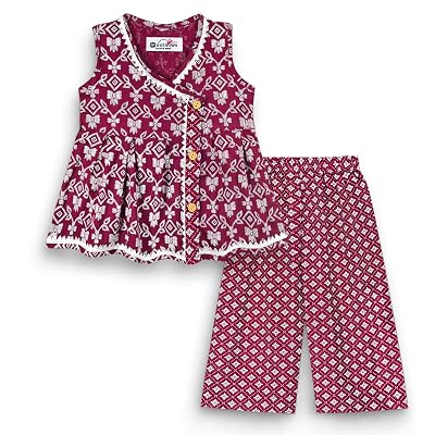 mustmom Sleevless Floral Printed Festival Cotton Frock & Sarara Set for Baby Girls (Maroon, 12-18 Months)