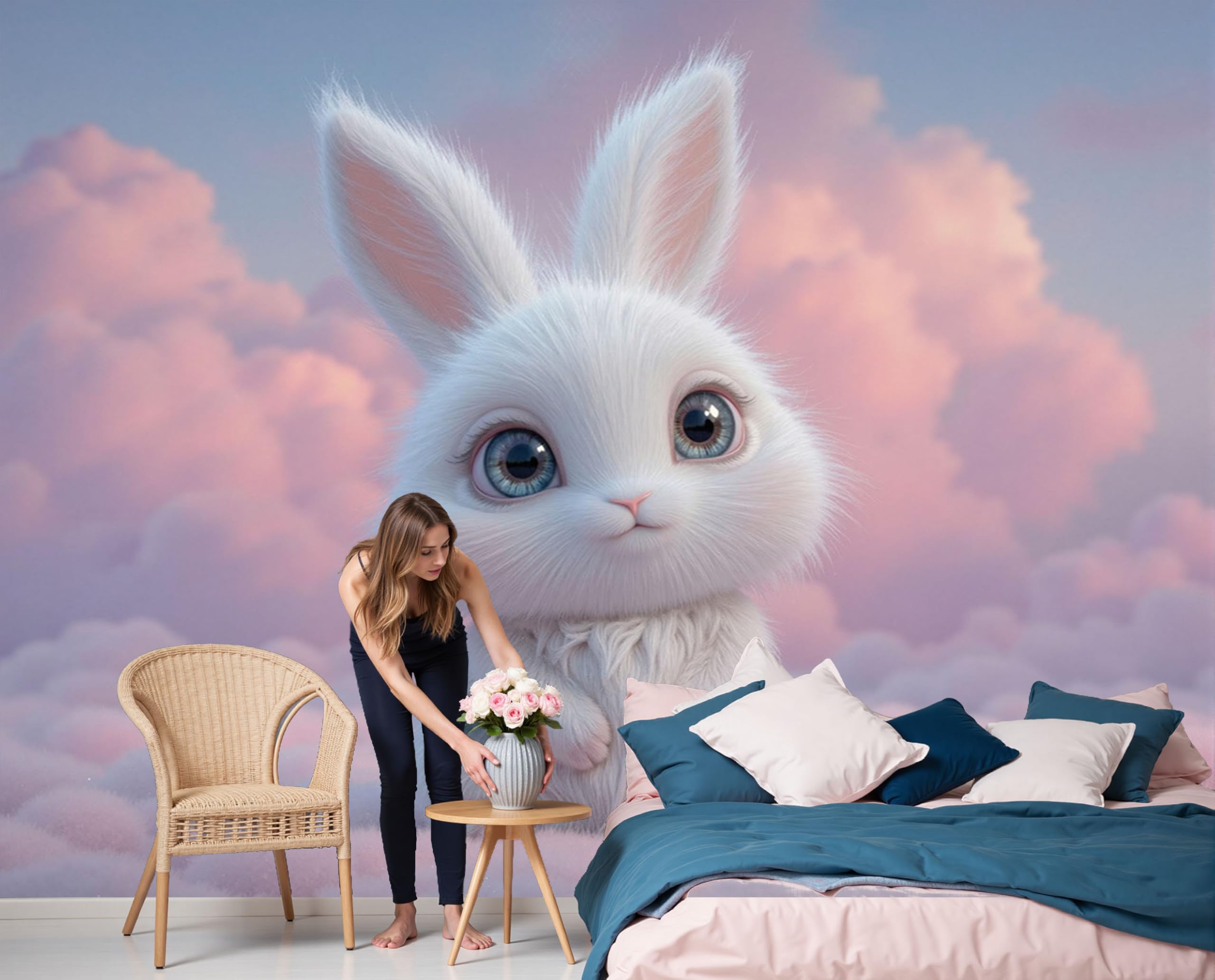 Papier peint lapin 3D bleu poudré pour chambre d'enfant cocooning