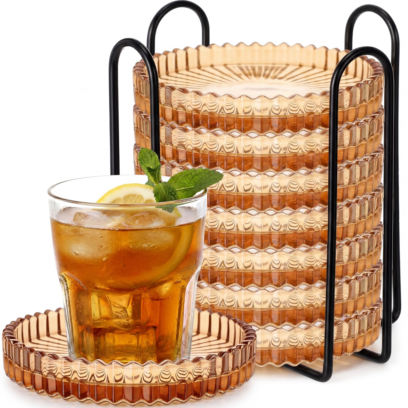 Dessous de verre rond cristal ambre avec support de rangement pour table de cuisine