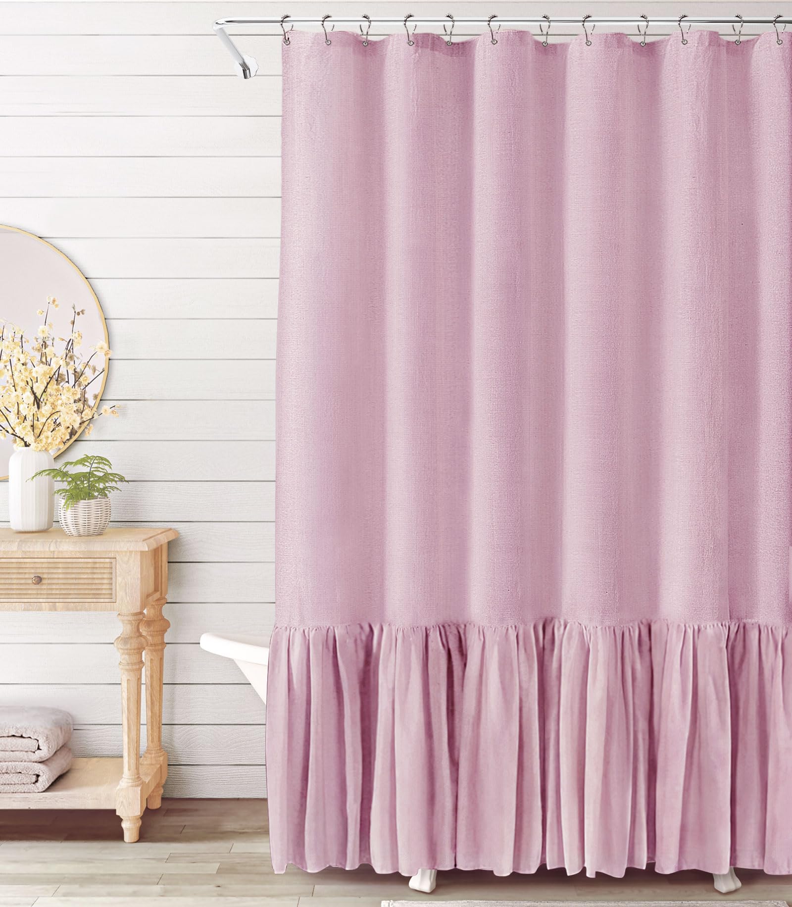Awellife Pink Shower Curtain - Boho Farmhouse Style, 72 X 72 Inch, Fabric Ruffle Trim, Vintage Bow Design - View #3