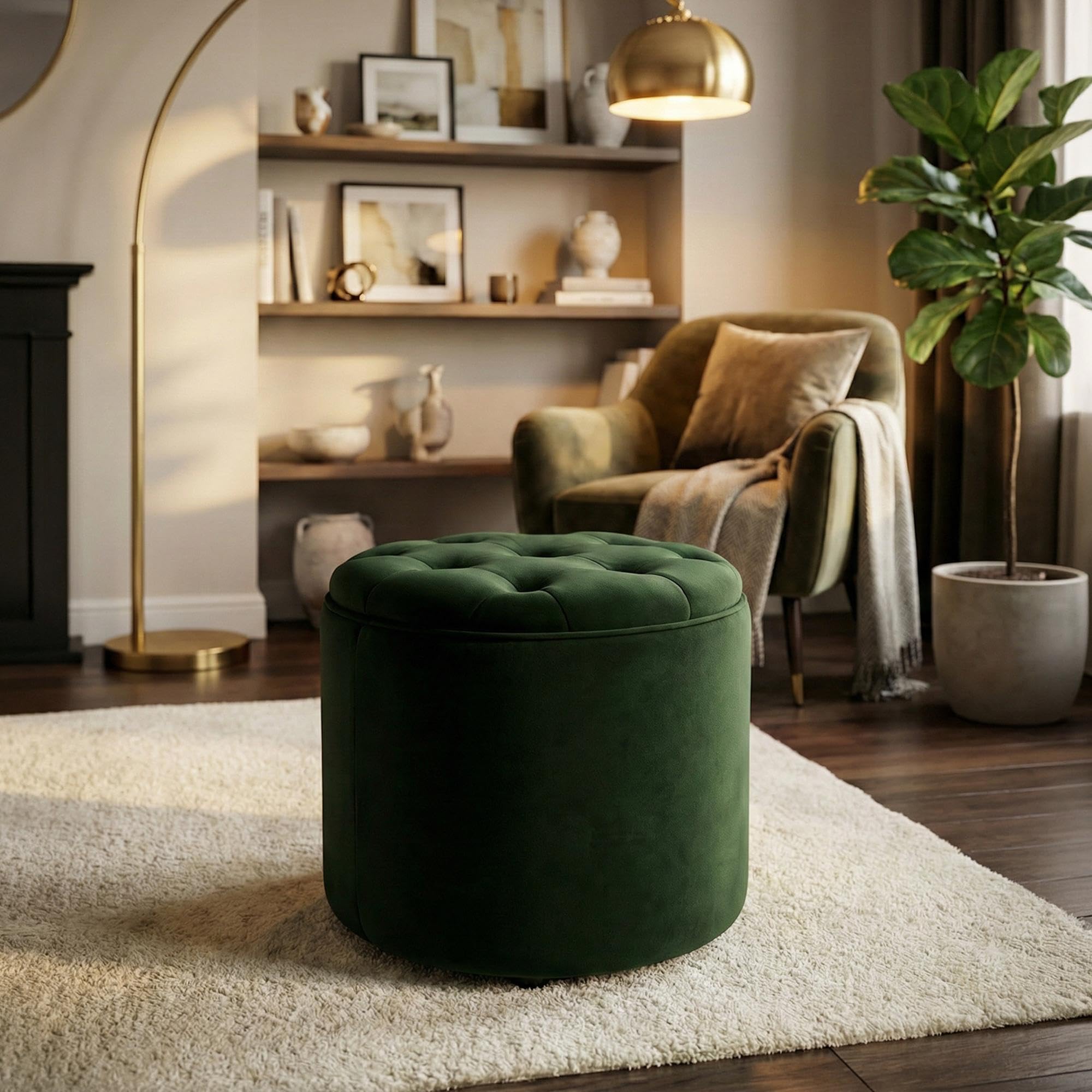 CLP Tabouret Rond avec Espace de Rangement Pantin Pouf capitonne en Velours Style Chesterfield pour Salon et Chambre | Couleur Vert