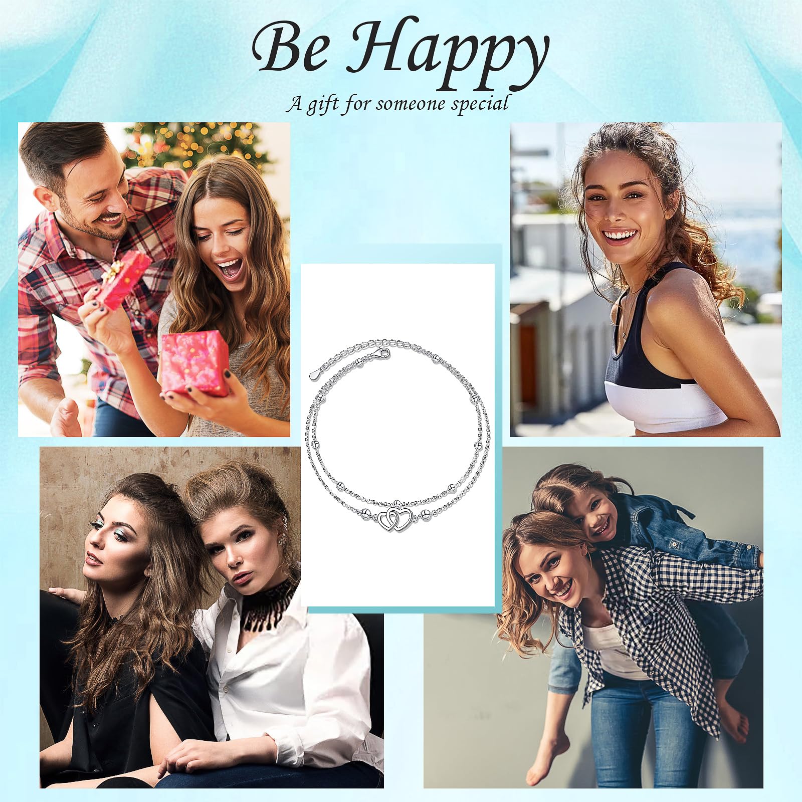 Cavigliera da donna in argento sterling 925, con ciondolo a forma di cuore, per donne e ragazze, classica, regolabile, per donne e ragazze