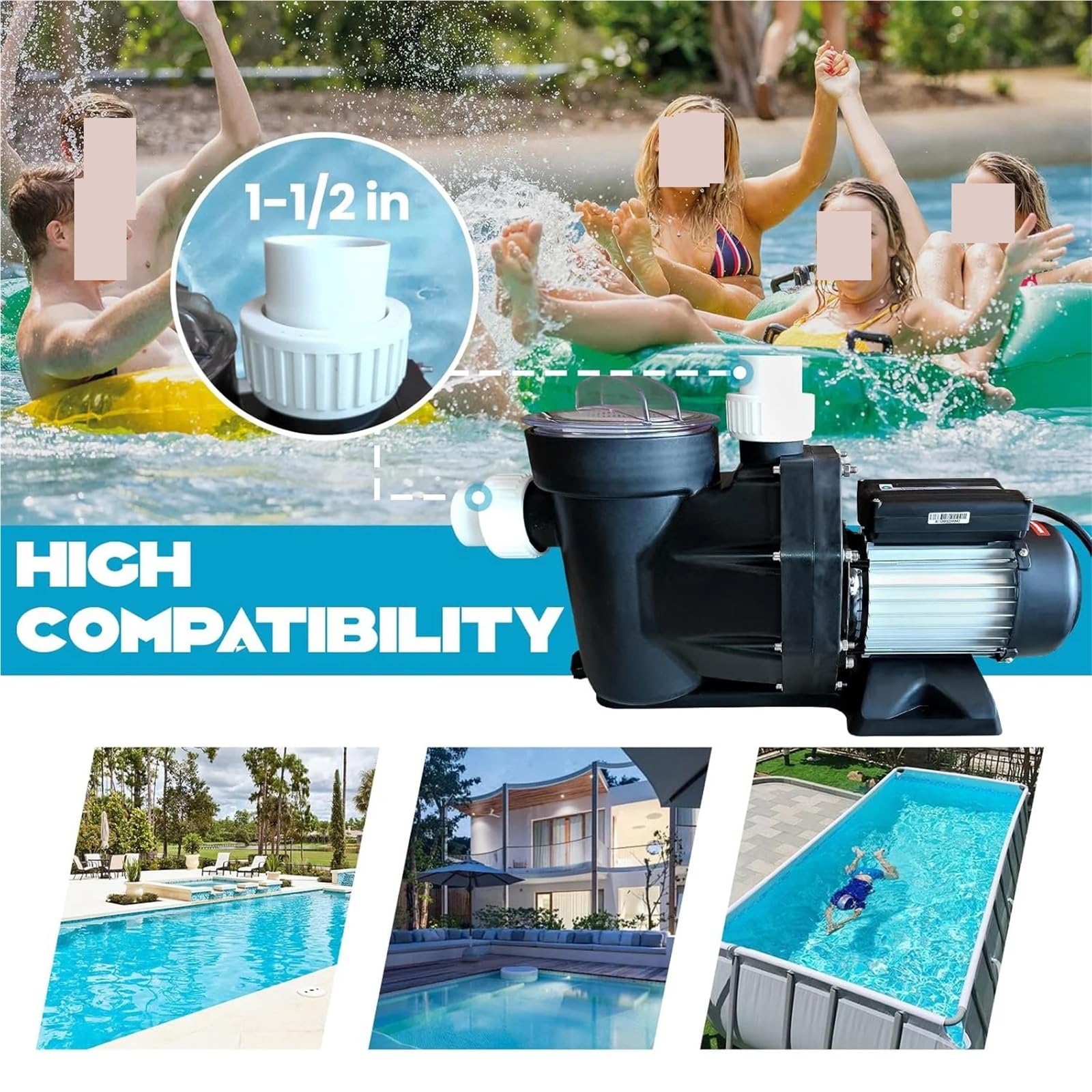 Pompa for piscina da 1,5 CV e 3,0, pompa a velocità singola, for autoadescante fuori terra, motore in rame potente 1800 W,Resistente alla corrosione(3.0HP)