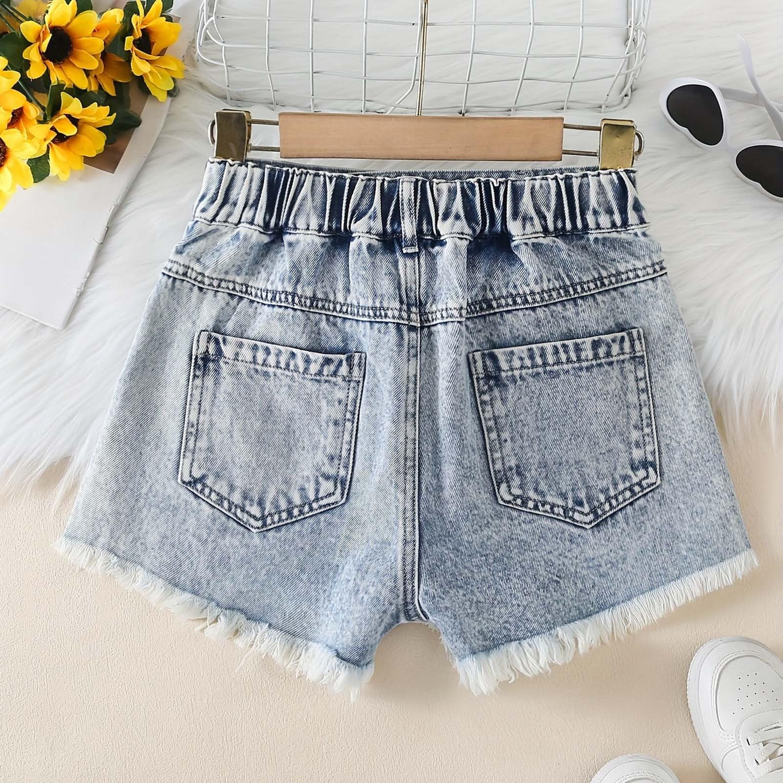Generisch Jeans Shorts Mädchen Kinder Denim Kurze Hose Sommershorts Elastische Baggy Jeans Casual Weich Jeanshorts mit Tasche Jeanshose Kurzehose Streetwear