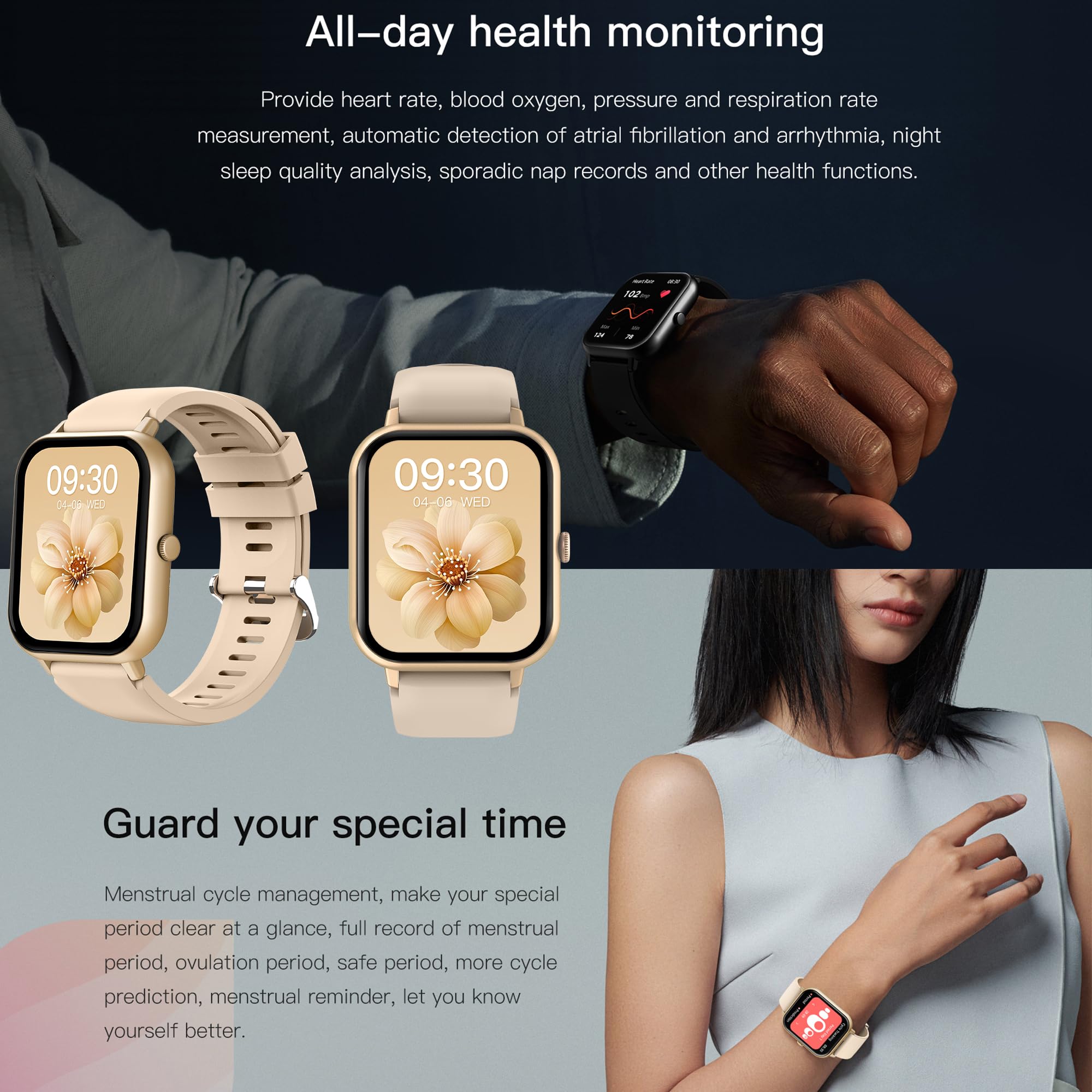 Smartwatch Damen mit Telefonfunktion, 1,83" Touchscreen IP68 Wasserdicht, 123 Sportmodi Aktivitätstracker, Herzfrequenz, Fitnessuhr für iOS Android (Gold)