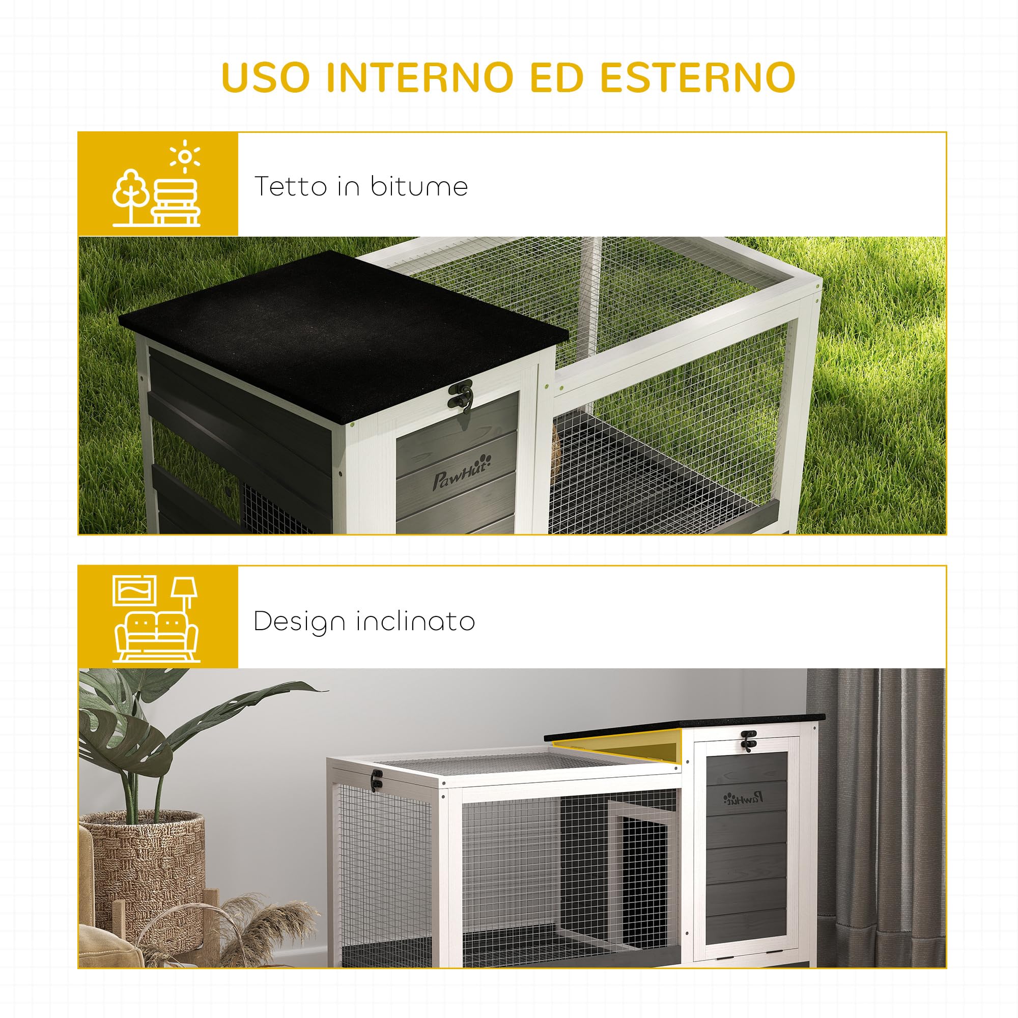 PawHut Conigliera da Esterno e Interno a Rotelle per 1-2 Conigli con Vassoio Estraibile e Ingressi Multipli, Casetta per Conigli in Legno di Abete e Acciaio, 91x51x66 cm, Grigio Bianco e Nero