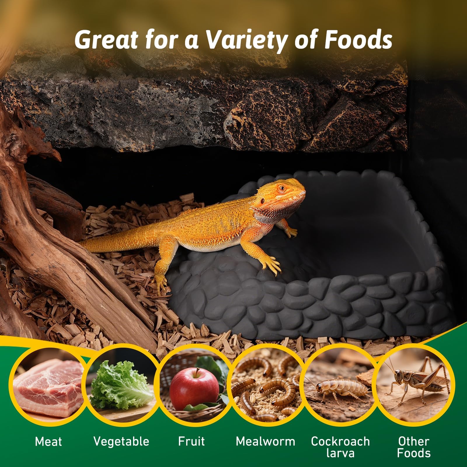Plato de agua para reptiles, cuenco grande de comida de dragón barbudo, plato de agua de esquina de roca para reptiles, cuenco de agua de serpiente, alimentación para leopardo, geco, tortuga, lagarto