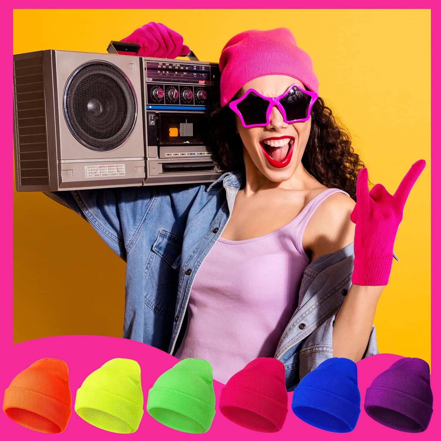 Handepo 12 Pack Winter Neon Beanies and Gloves 6 Pieces Warm Neon Beanie Hats 6 Pairs Unisex Knit Thermal Gloves for Women Men Cold Weather - Image 4