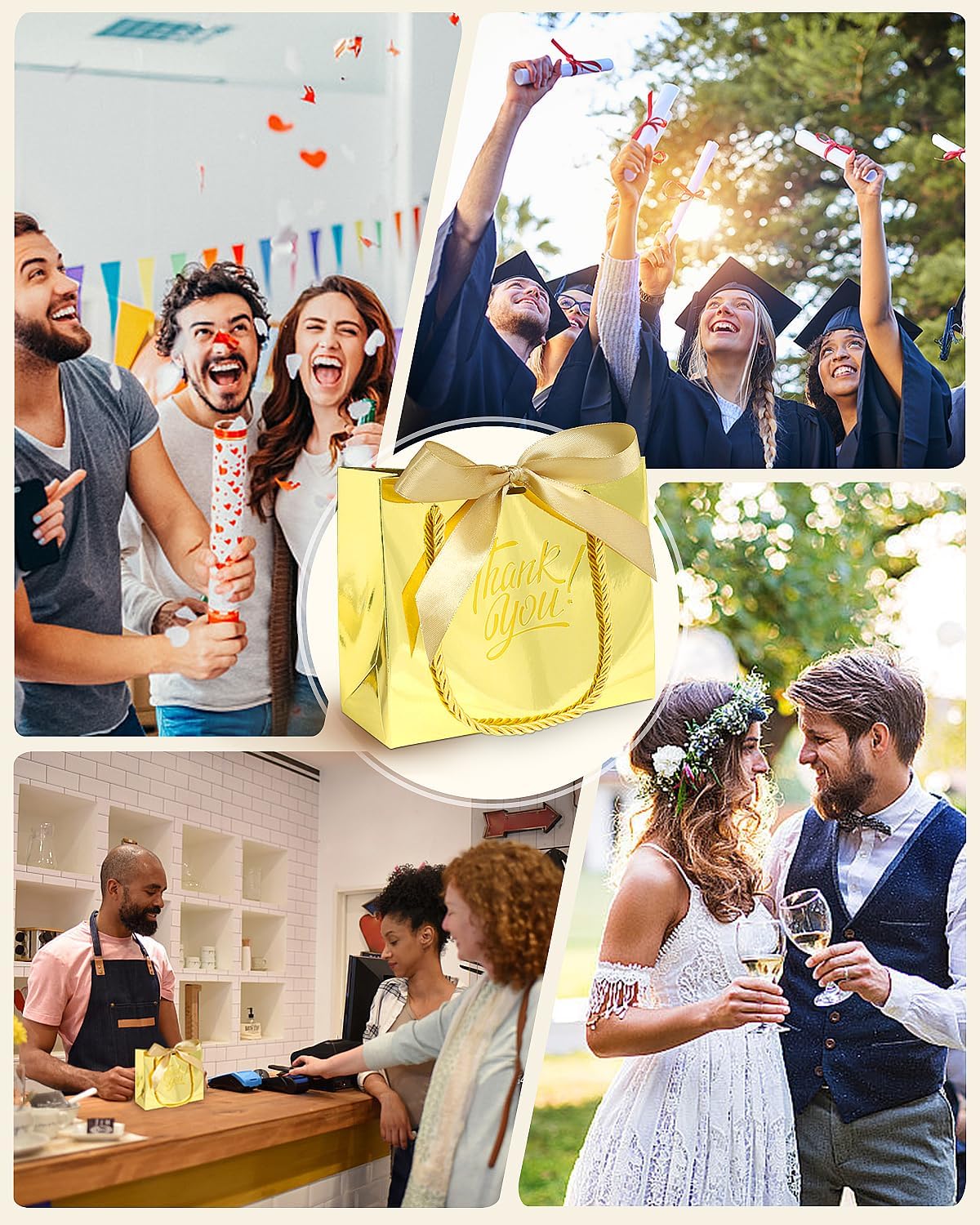 EEQOREIIN 30 Pack Small Thank You Gift Bags with Handles 5.5 x 2.4 x 4.7 Inches Mini Gold Gift Bags with Bow Ribbon Tiny Party Favor Bag Bulk for Easter Mother's Day Baby Shower Wedding (Gold) - Image 6