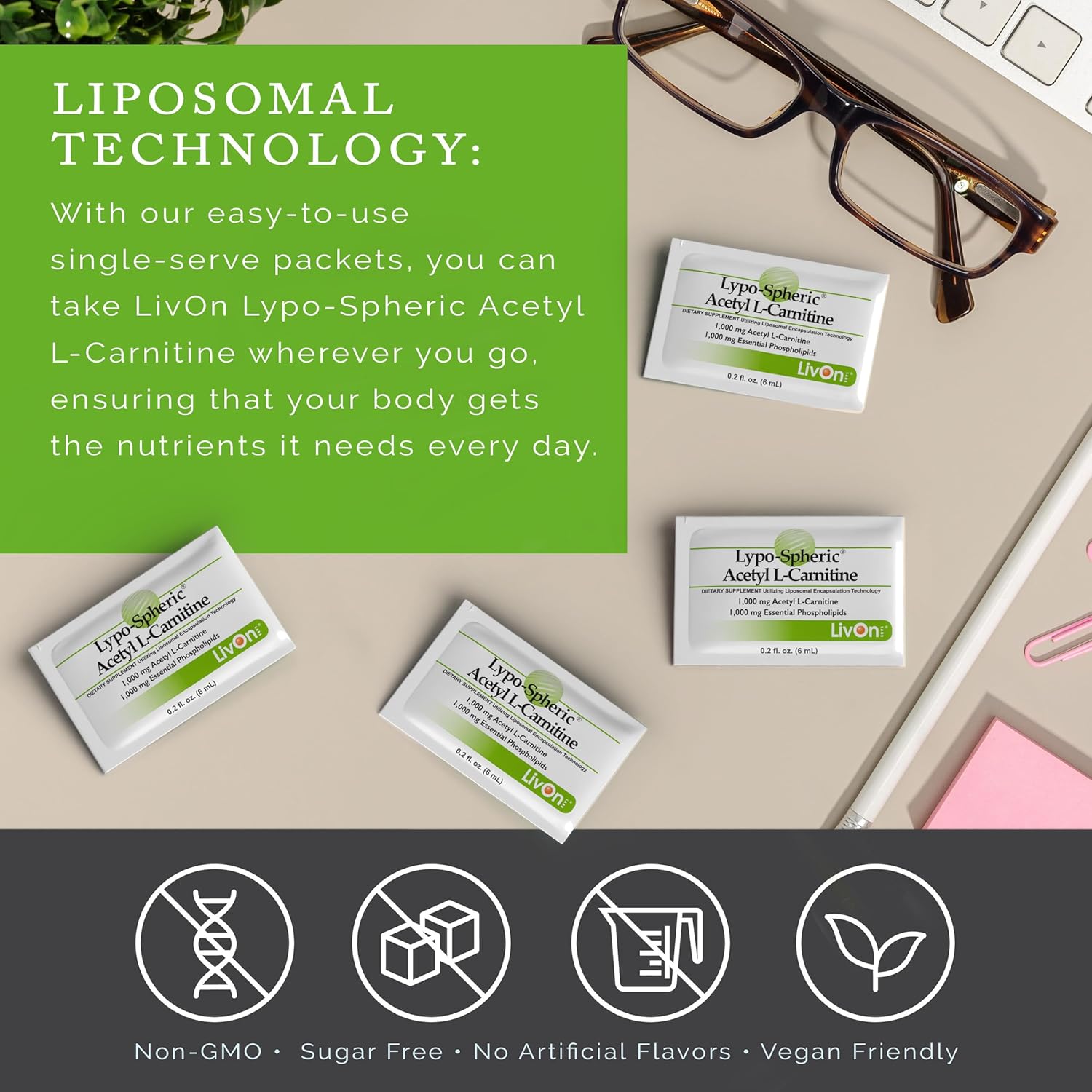 Lypo-Spheric Acetyl L-Carnitine – 1,000 mg Acetyl L-Carnitine & Essential Phospholipids Per Packet – Liposome Encapsulated for Maximum Bioavailability – 100% Non-GMO - (30 Individual Packets)