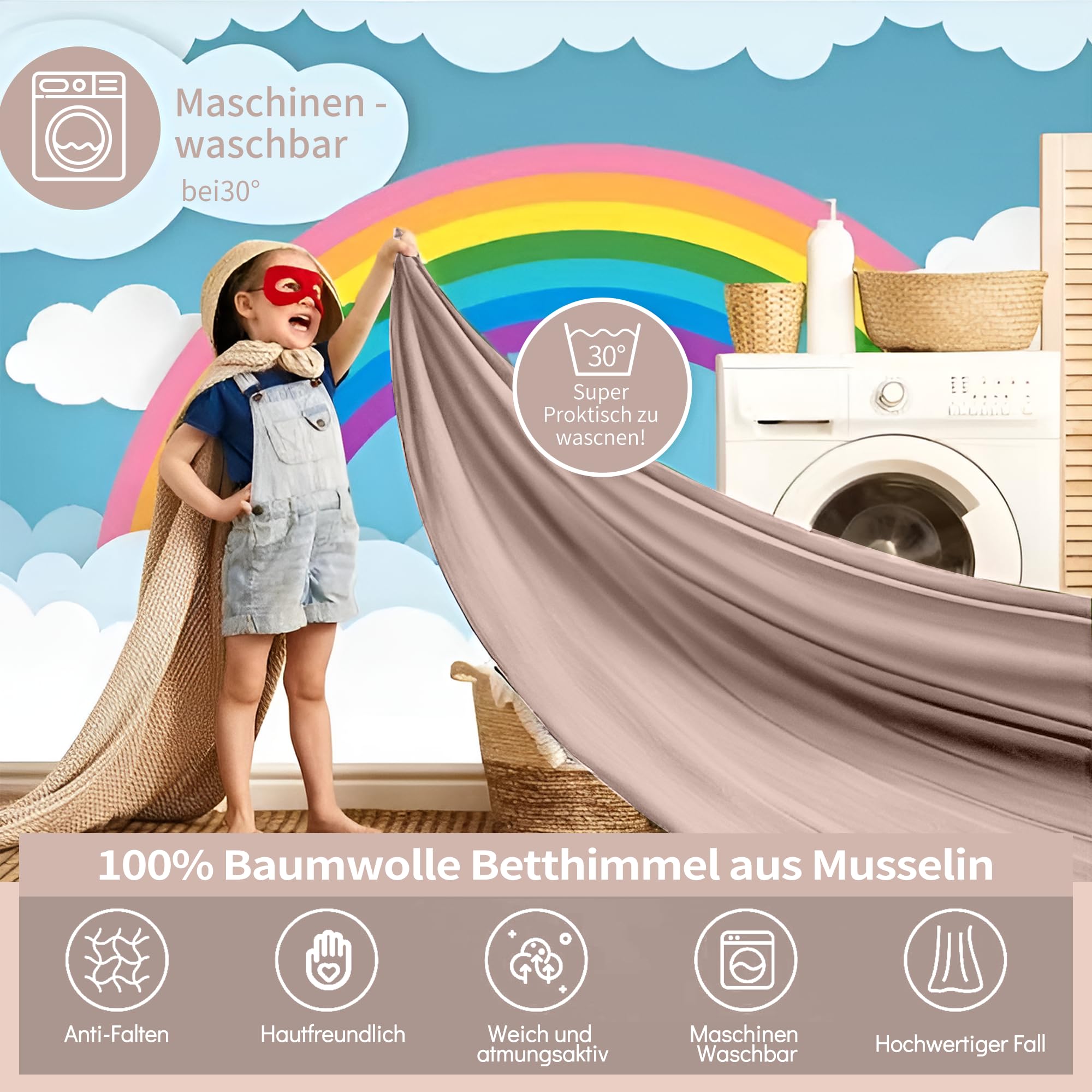 Hook Hausbett Himmel Deko Set, Betthimmel Hausbett aus Musselin - 2 Betthimmel & 1 Wimpelkette, für Jungen Mädchen Deko für Kinderzimmer, Baldachin Kinderzimmer Deko I 67 x 320cm Beigerosa