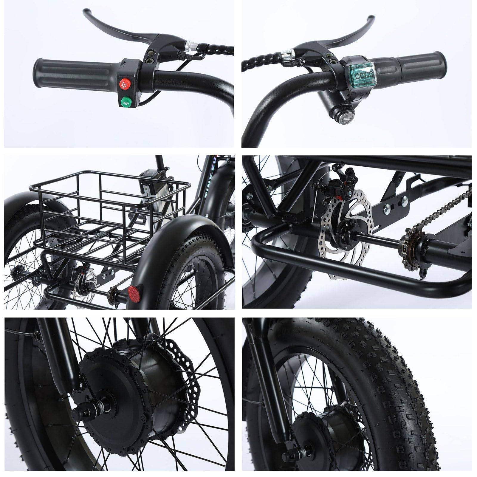Tricycle électrique adulte à trois roues - Batterie amovible 48 V/12 Ah, vélo cargo électrique 20 pouces, pneus larges, autonomie de 35 km, idéal pour les courses et les pique-niques, charge maximal