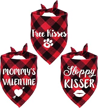 STMK 3 Pack Valentines Day Dog Bandanas, Valentines Day Plaid Dog Puppy Bandana for Dog Puppy Valentines Day Wedding Holiday Party Decorations Red, Free Kisses & Mommys Valentine & Sloppy Kisser