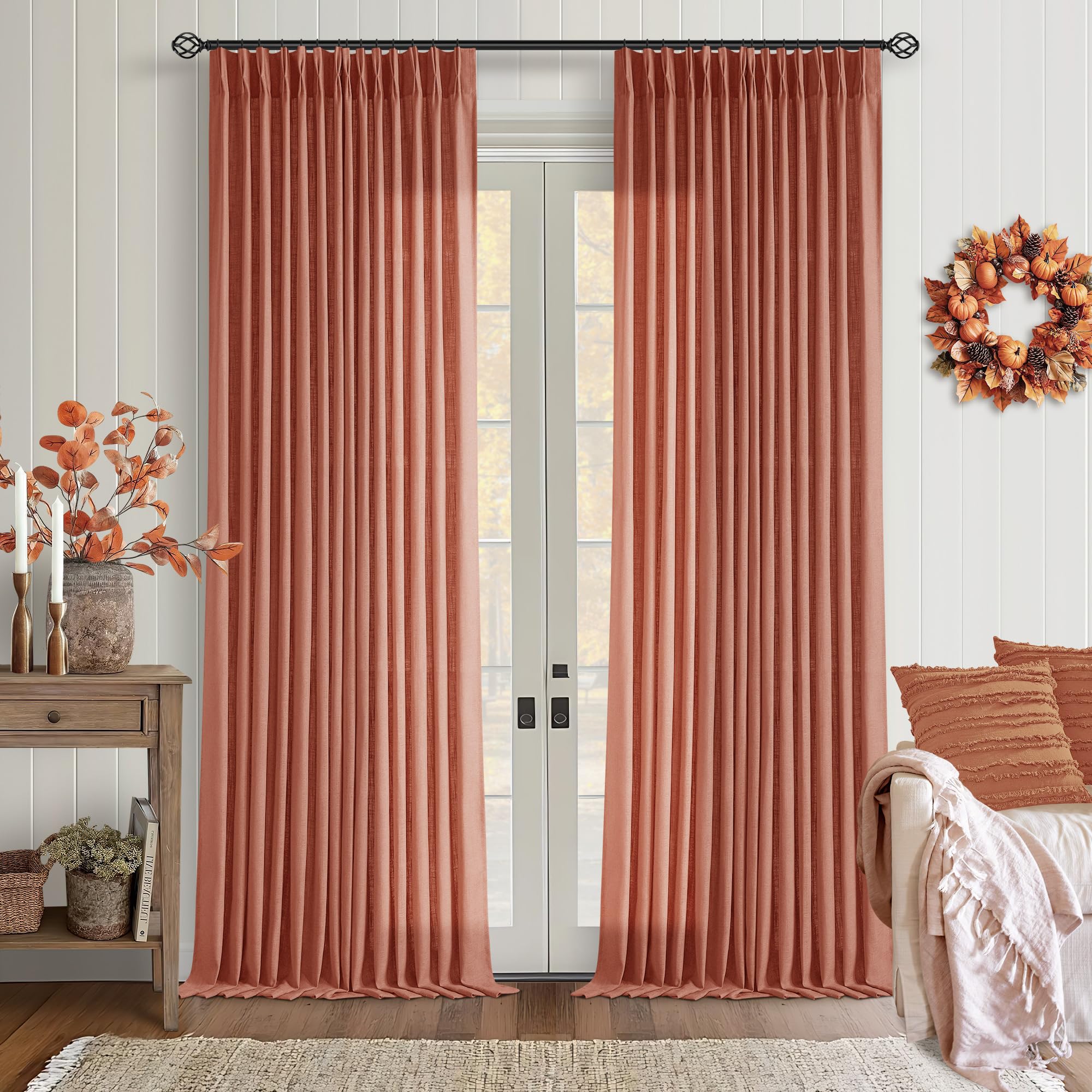 Firebrick Pleated Linen Curtains 96 Inches Long for Living Room 2 Panel Set — image 1