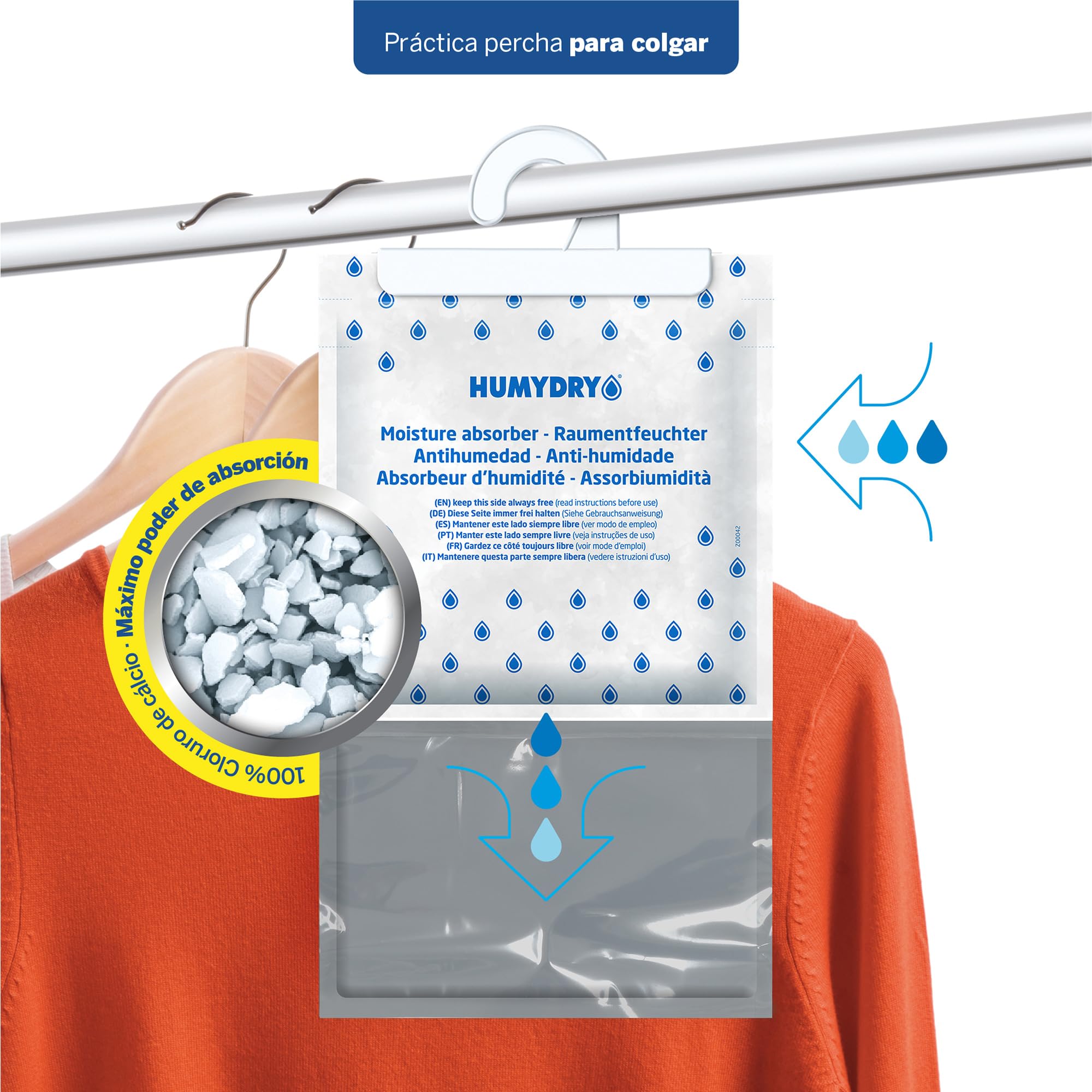 Pack de 3 Bolsas antihumedad Percha - Absorbe Humedad de Armarios - Espacios de hasta 15 m2 - Fragancia Neutro - Contenido: 3 unidades de 450 gr - Humydry