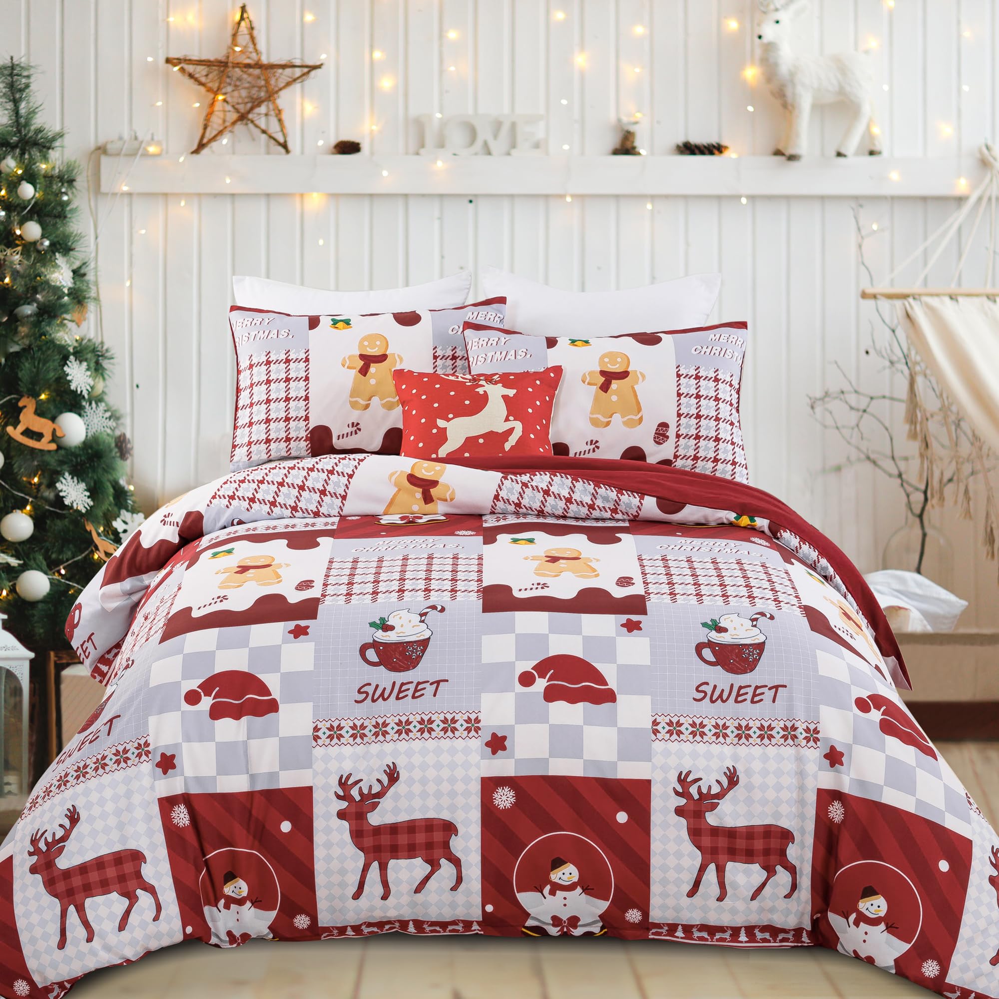 Christmas Duvet Cover Set King Size Reindeer Snowman Gingerbread