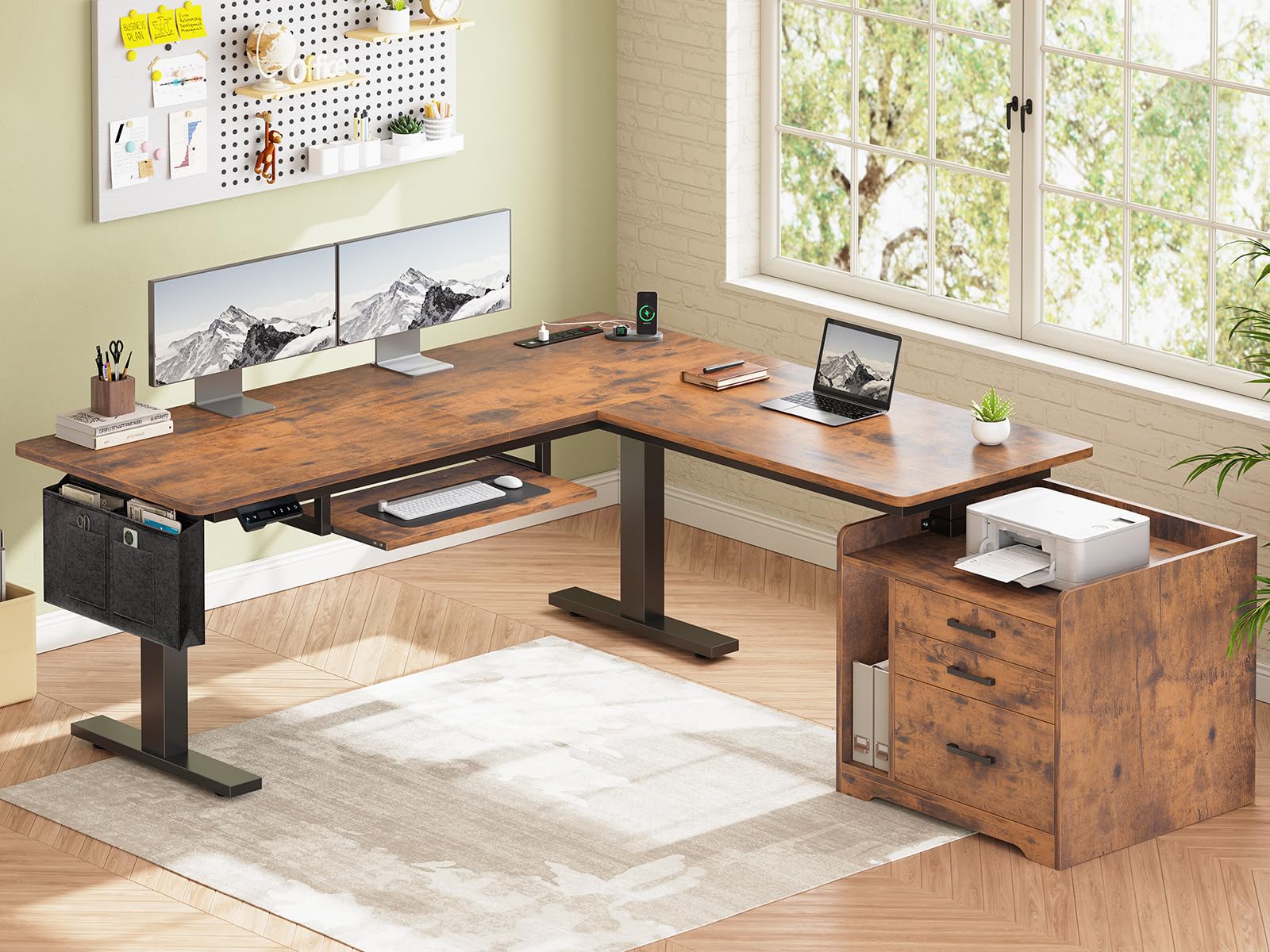 SEDETA L Shaped Electric Standing Desk with File Cabinet 63 x 53 Height Adjustable Home Office Computer Desk