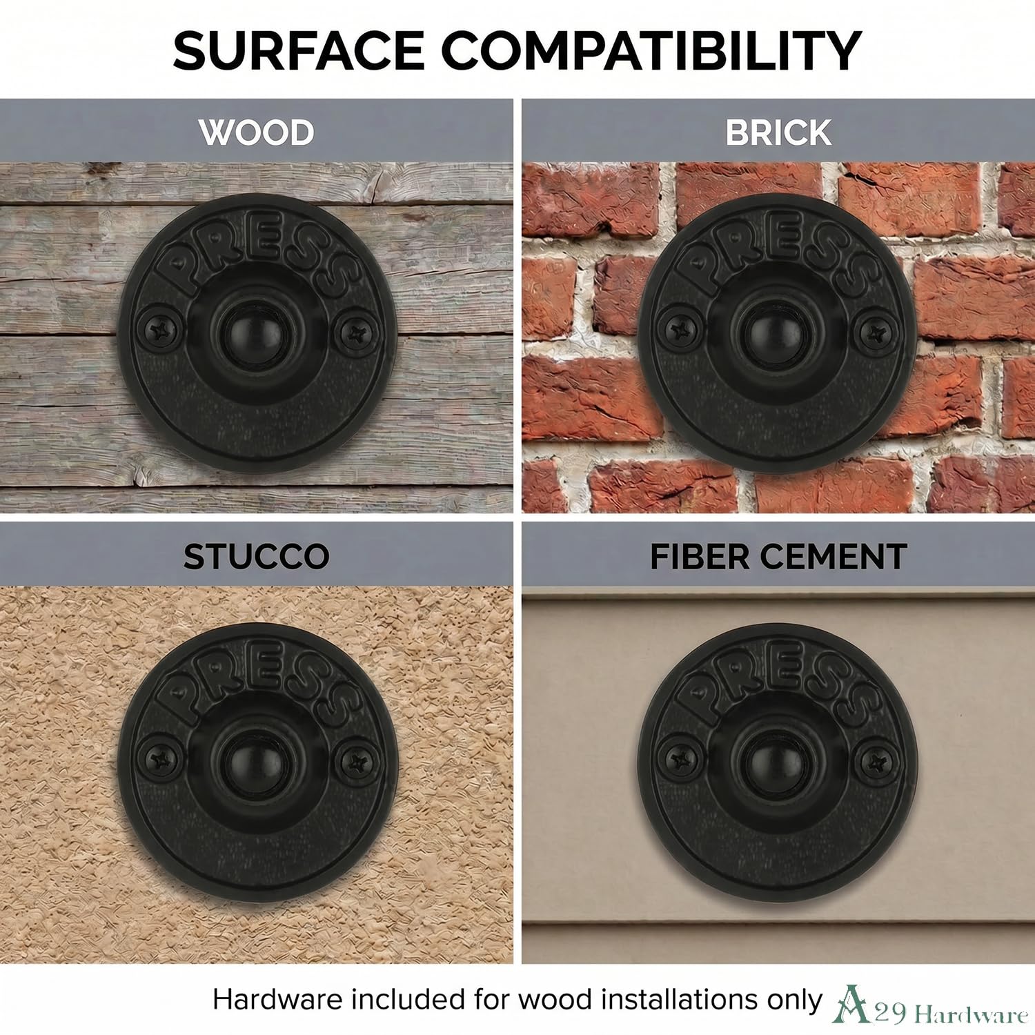A29 - Pulsador de timbre vintage de hierro fundido con recubrimiento en polvo negro, 6,5 cm de diámetro, montaje empotrado, para campanilla de dos cables, resistente a la intemperie, fácil instalación