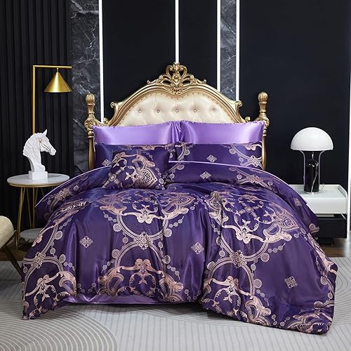 Miniatura 9 de Juego de edredón morado tamaño Queen, juego de sábanas de satén jacquard de 8 piezas bordado neoclásico floral elegante cama decoración del hogar,