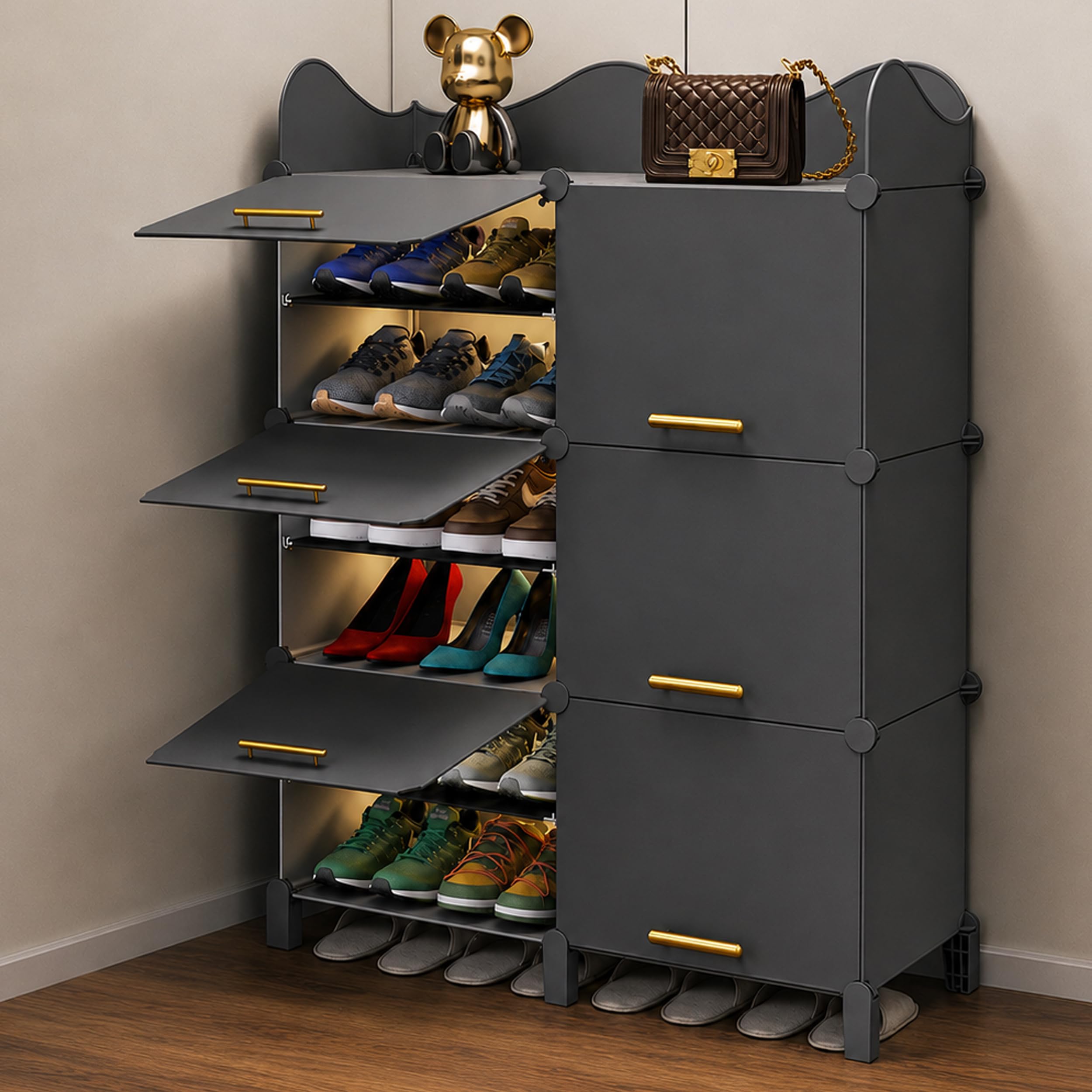 Oumffy Plastic Shoe Rack for Home | 𝟏𝟐 𝐋𝐚𝐲𝐞𝐫 Shoe Organizer Cabinet with 𝟔 𝐃𝐨𝐨𝐫𝐬 | Dustproof Shoe Storage Rack for Entryway, Bedroom & Living Room | Space Saving Multipurpose Stand | GREY