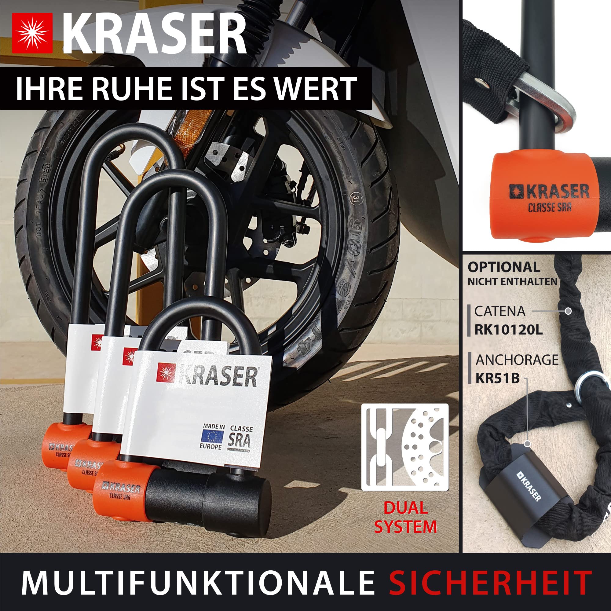 KRASER KR85S Anti-Diebstahl Motorrad Fahrradschloss Bügelschloss Vorhängeschloss U Homologiert SRA-Schloss Sicherheit Solides Schloss 85x125 Ø18 Diebstahlsicherung Motorräder Motorroller Fahrrad