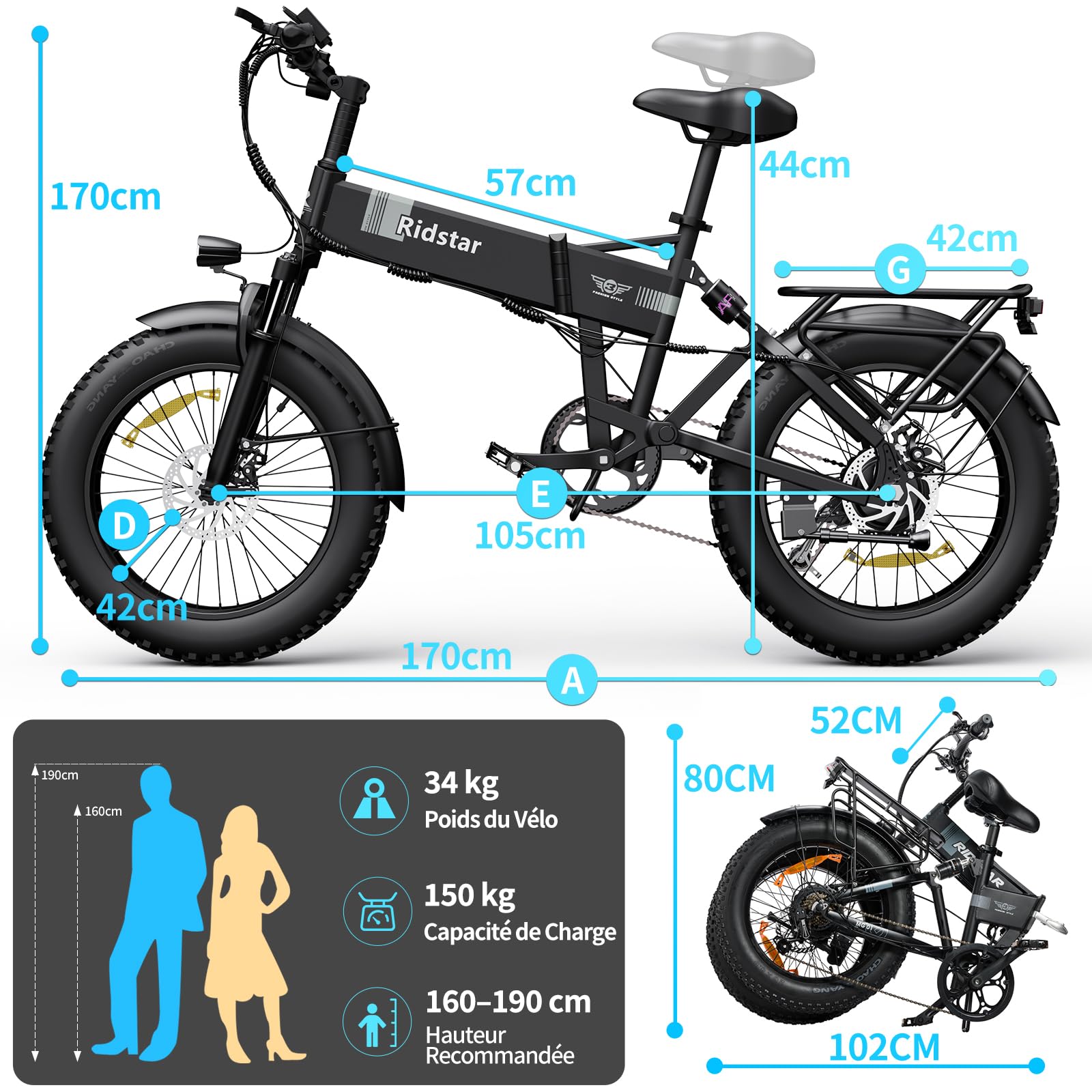 YVY Vélo Électrique Pliable, Autonomie 120km/150km, Batterie Amovible 15/23Ah, 20" Fat Bike Électrique, VTC 7 Vitesses, E-Bike Double Suspension, Double Disque, Écran LCD
