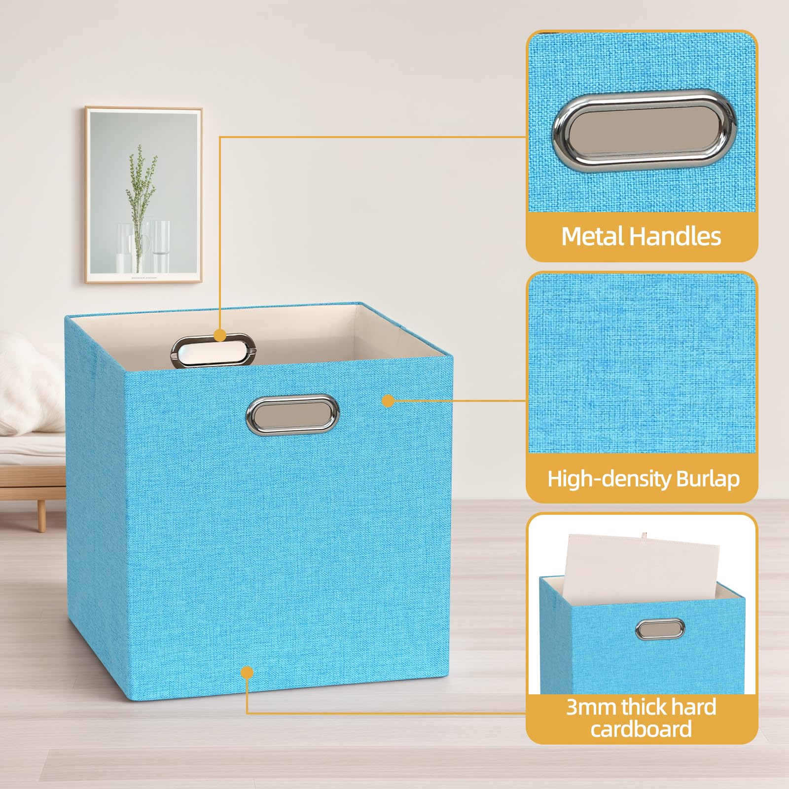 4er Set, Aufbewahrungsbox aus Stoff, 33 x 33 x 33 cm, Faltbare Aufbewahrungskörbe mit Griffe, Organizer Stoffboxen Würfel für Schrank, Regal, Spind (Farbe Aqua)