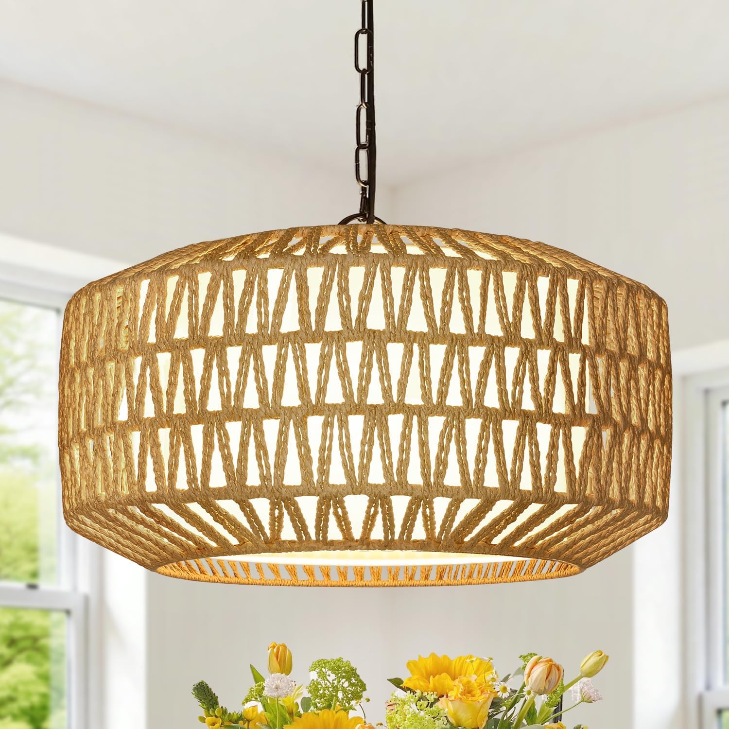 Farmhouse Chandelier Light Fixture, 5-Light Rattan Boho Chandeliers for Dining Room, Hand Woven Pendant Light with Linen Shade, Rustic Hanging Lighting for Kitchen Island, Bedroom (Bulb Not Included) Bohemian