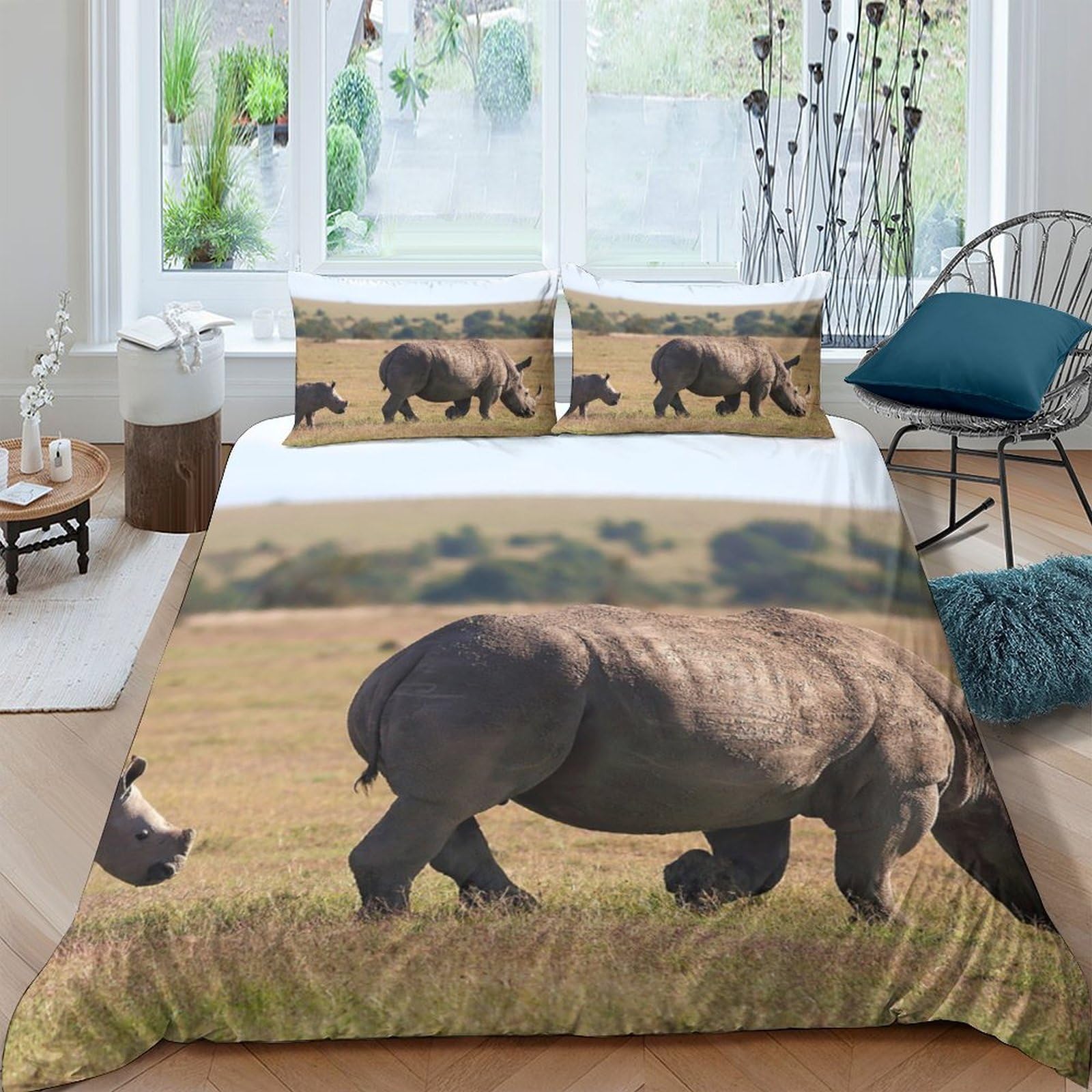 Ctjqhvkz Style-10 3D Printed Rhino Safari Fitted Sheet Microfiber Animal Grassland Bed Cover For Bedroom Guest Room Easy Care Single（135X200cm）