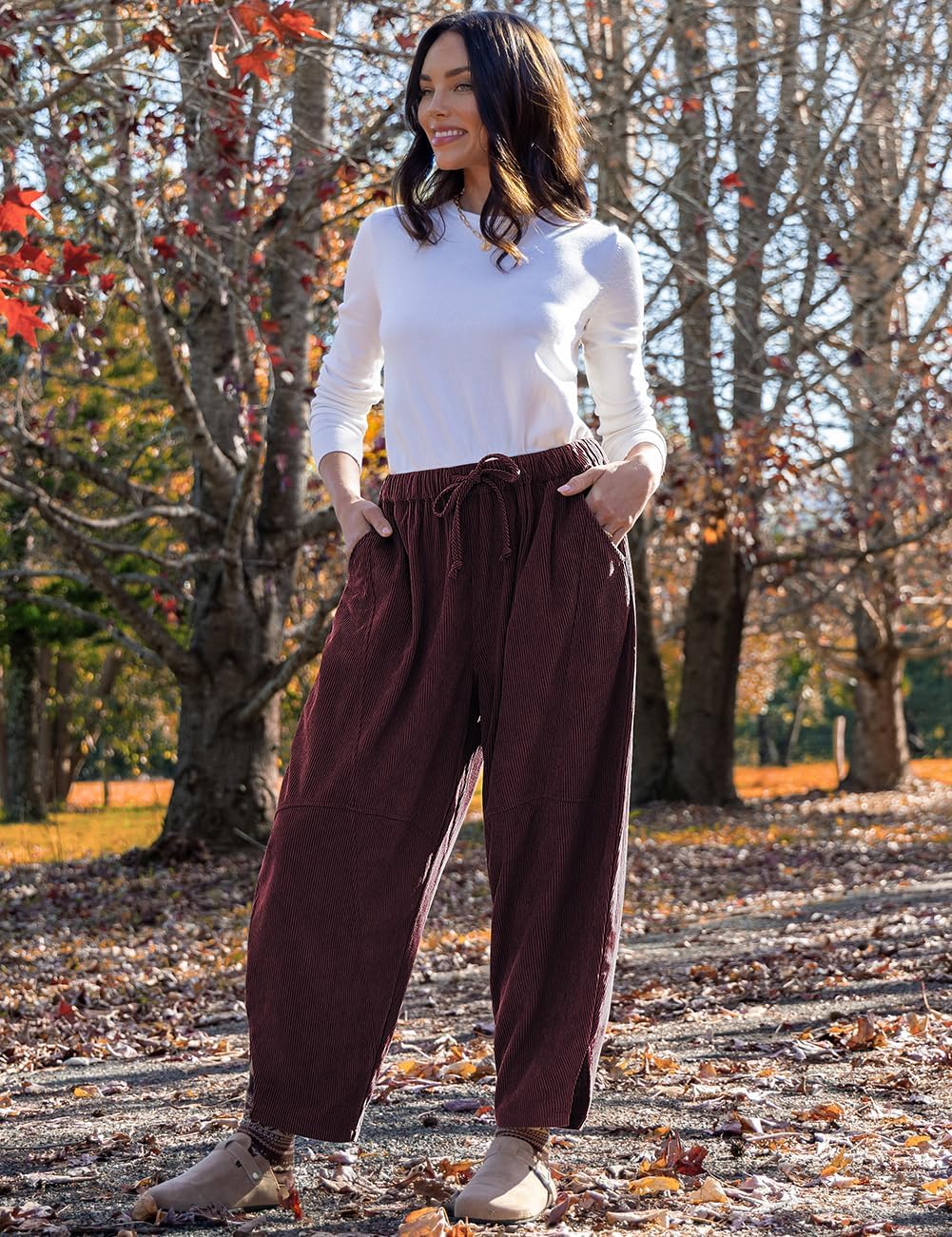 TARSE Womens Corduroy Harem Pants Casual Elastic Waist Wide Leg Pants Loose Fit Baggy Trousers with Pockets - Image 2