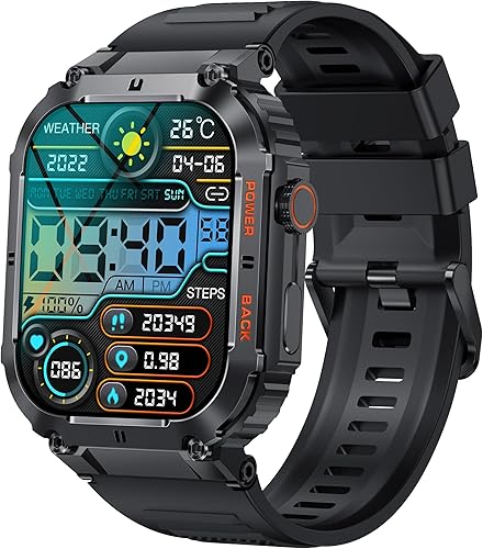 Relojes inteligentes militares de pantalla grande de 1.96 pulgadas para hombre, reloj de presión arterial táctico con Bluetooth y monitor de oxígeno