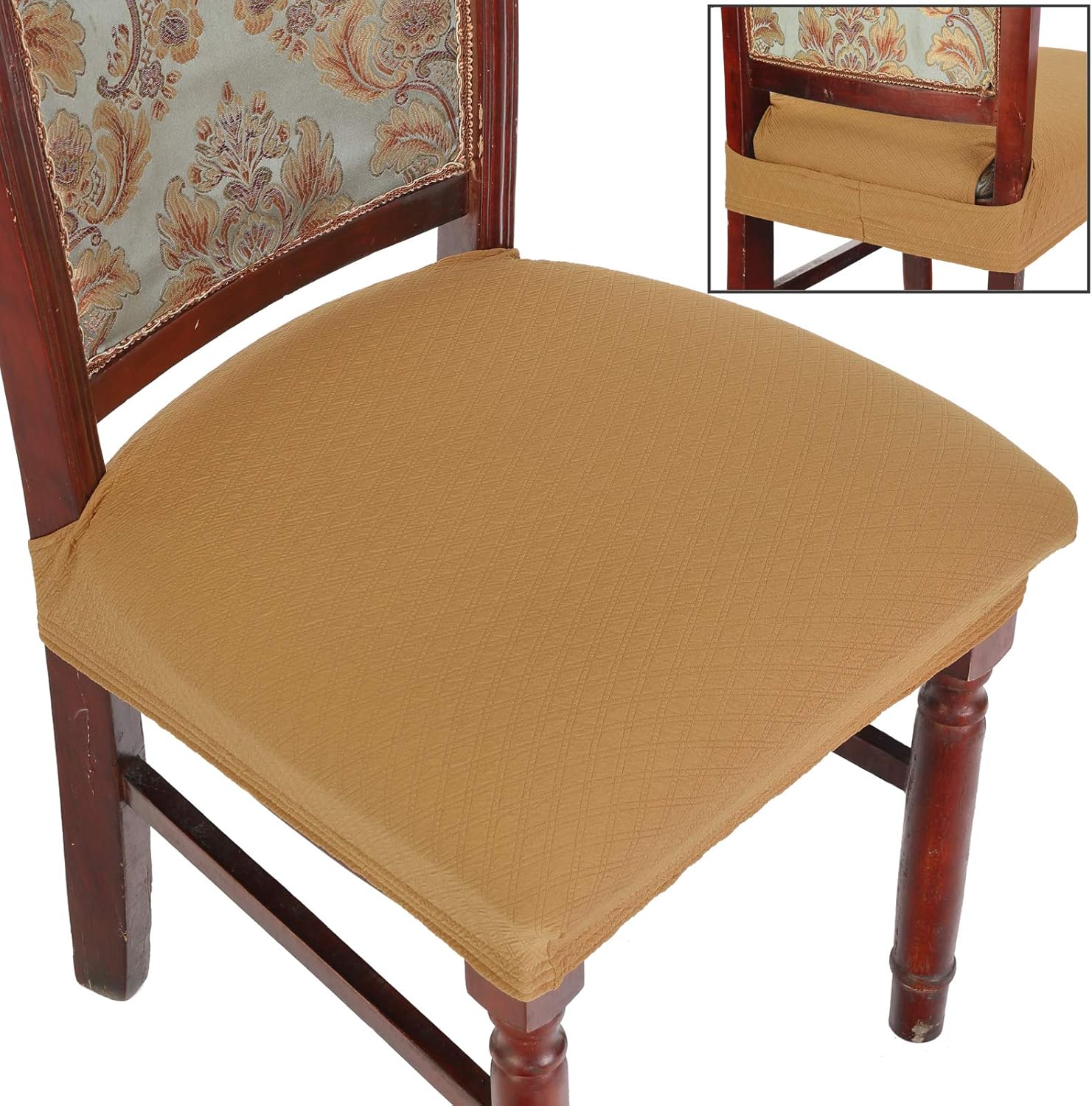 BUYUE Dining Room Chair Covers Set of 6, Easy Installation Stretchy Jacquard Armless Kitchen Chair Seat Protectors, TPU not Mixed, Rear Covered- Brown- 6