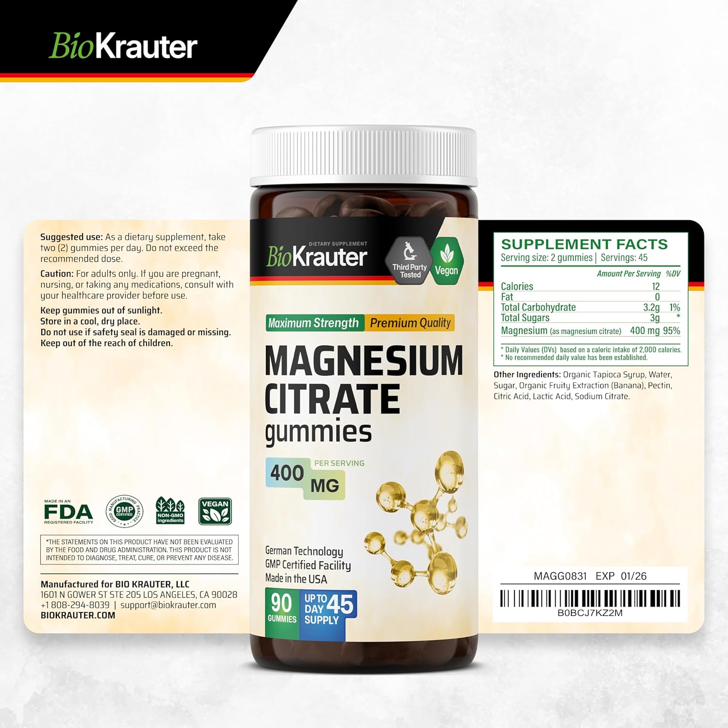 BIO KRAUTER Magnesium Citrate for Relaxation & Sleep Support - Magnesium Gummies 400 mg for Daily Wellness - Natural 90 Calm Gummies, 45-Day Supply - Non-GMO, Banana Flavor