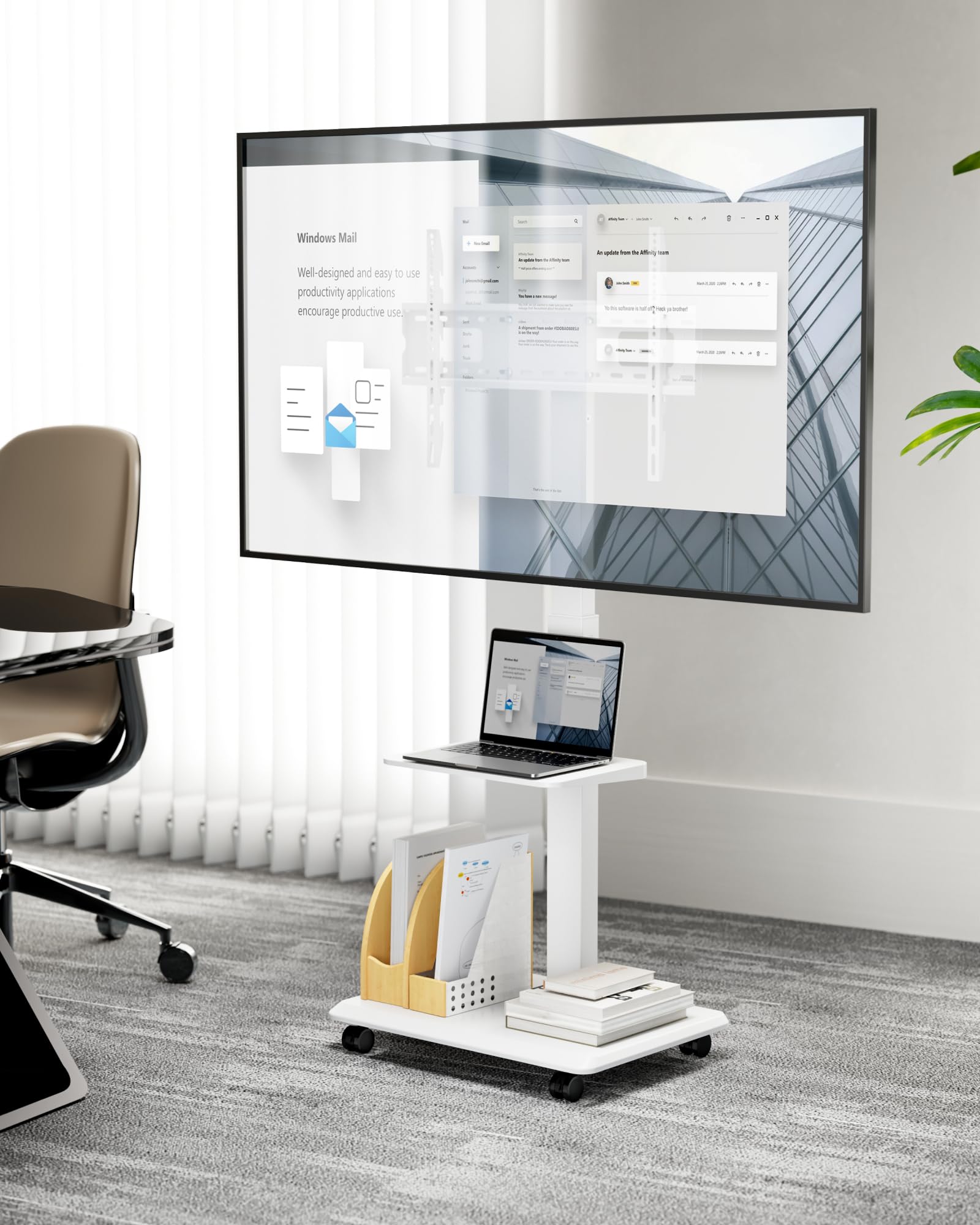 TV Ständer Rollbar für 37-75 Zoll bis zu 50kg, Max VESA 600x400mm | TV Standfüße mit Steckdose, Versteckter Kabelverwaltung, Höhenverstellbar, Schwenkbar, Neigbar, 2-Fache Tragkraft, Weiß